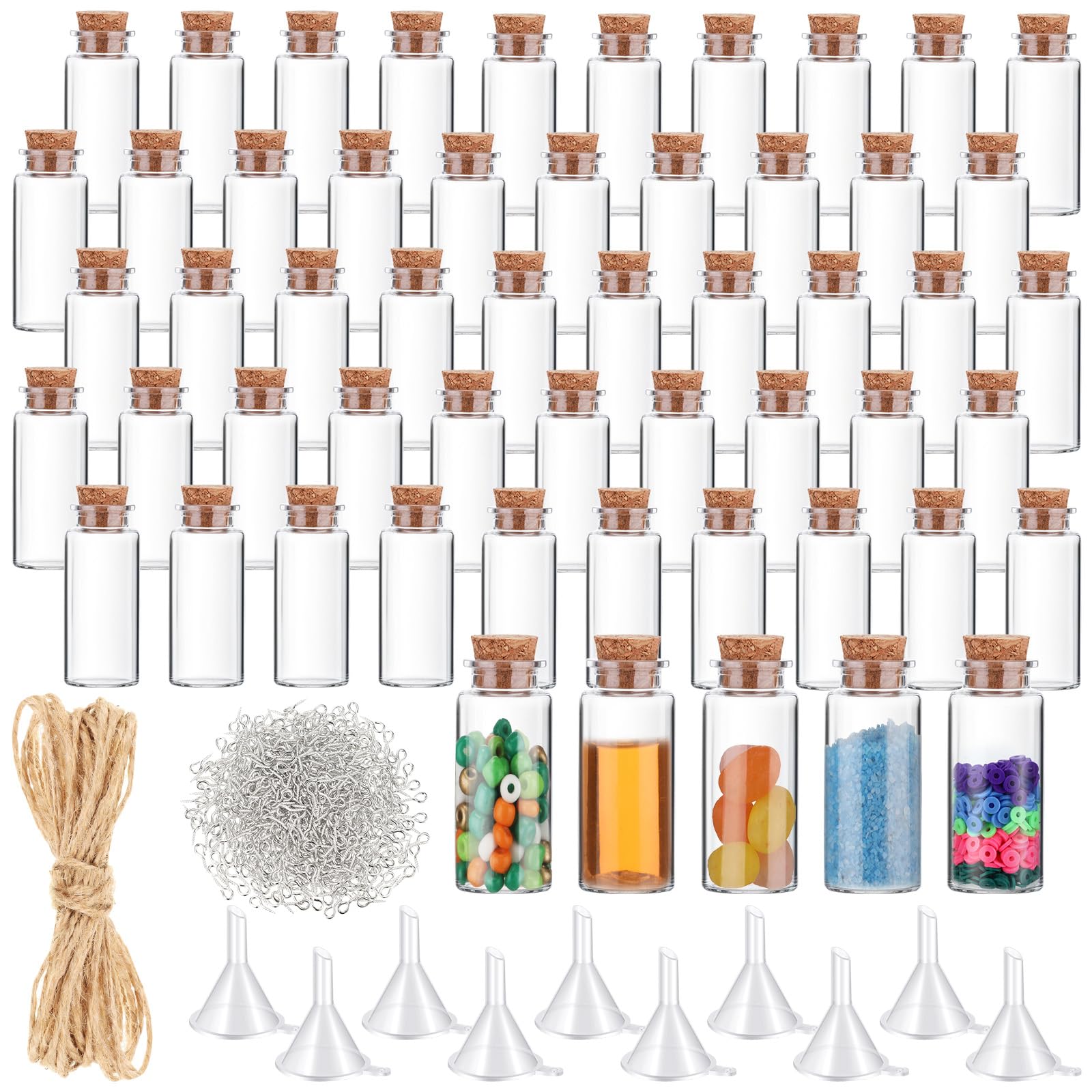 Bokon 50 Packs 15ml Mini Plastic Bottles with Corks Stoppers Eye Screws Funnels Small Potion Bottles Tiny Clear Sand Art Jar Wis