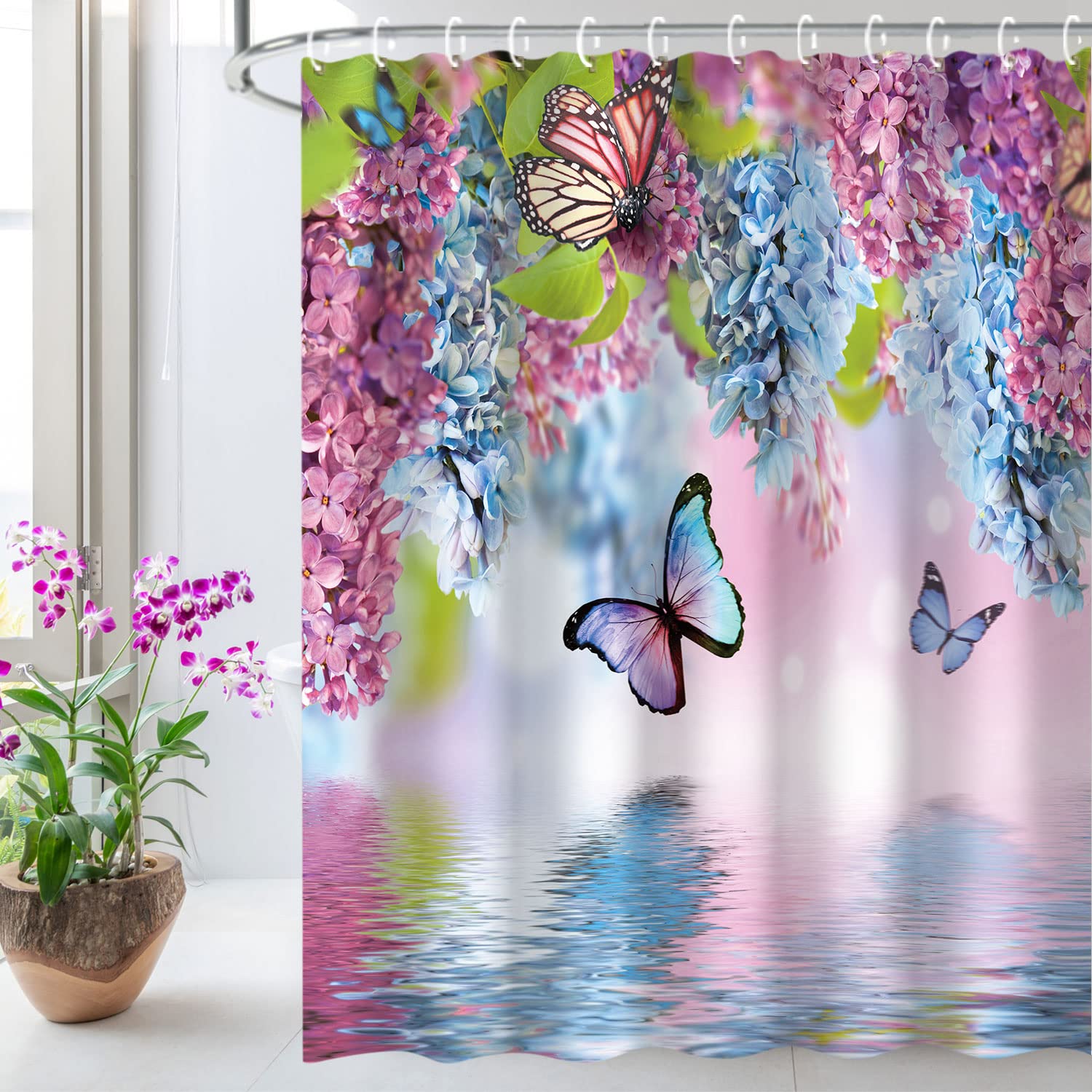 Livilan Butterfly Shower Curtains With Hooks, Floral Shower Curtain, Blue Butterfly Shower Curtain, Watercolor Flowers And Green
