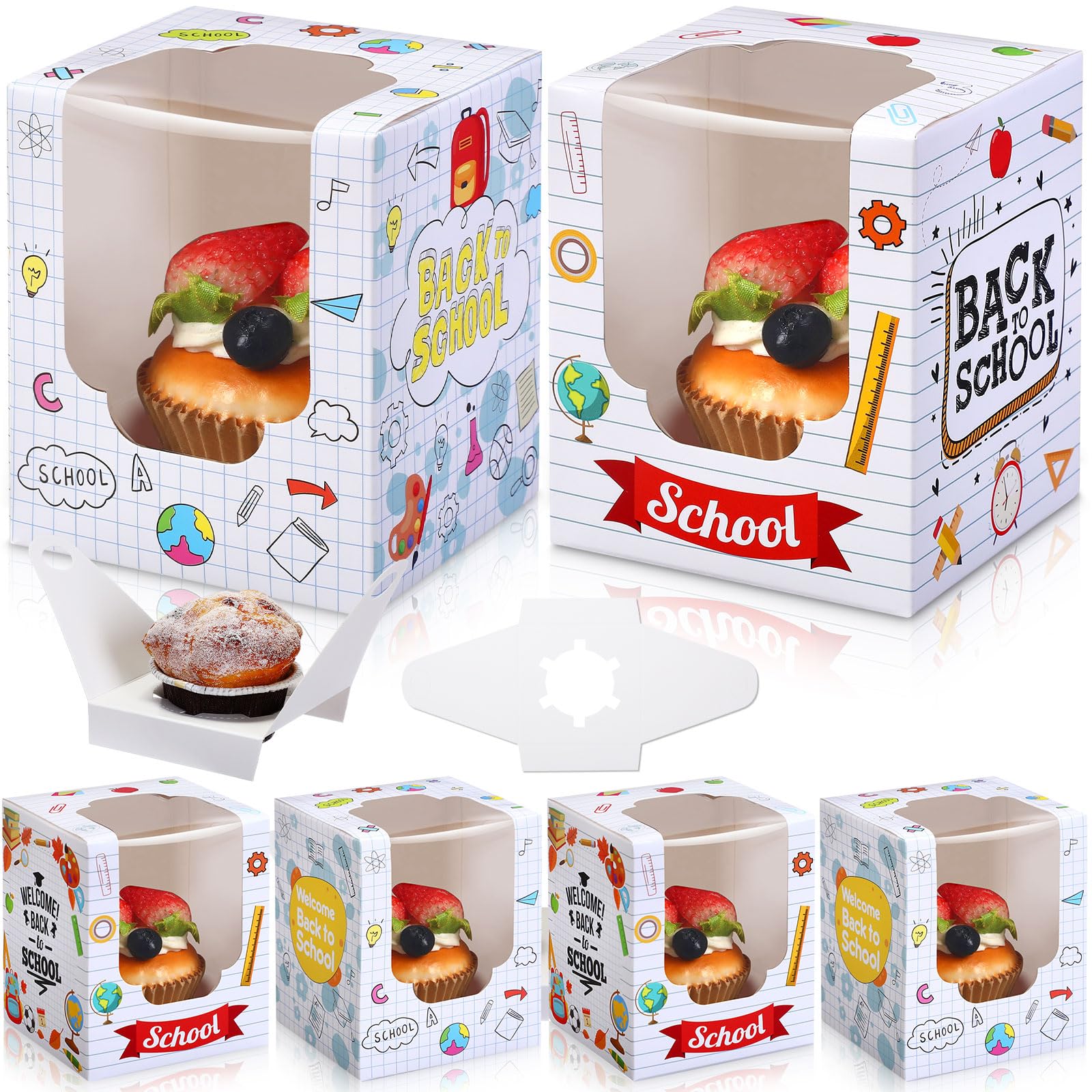 48 Pcs Back To School Party Cupcake Boxes Individual With Window Inserts First Day Of School Single Cupcake Containers Welcome B