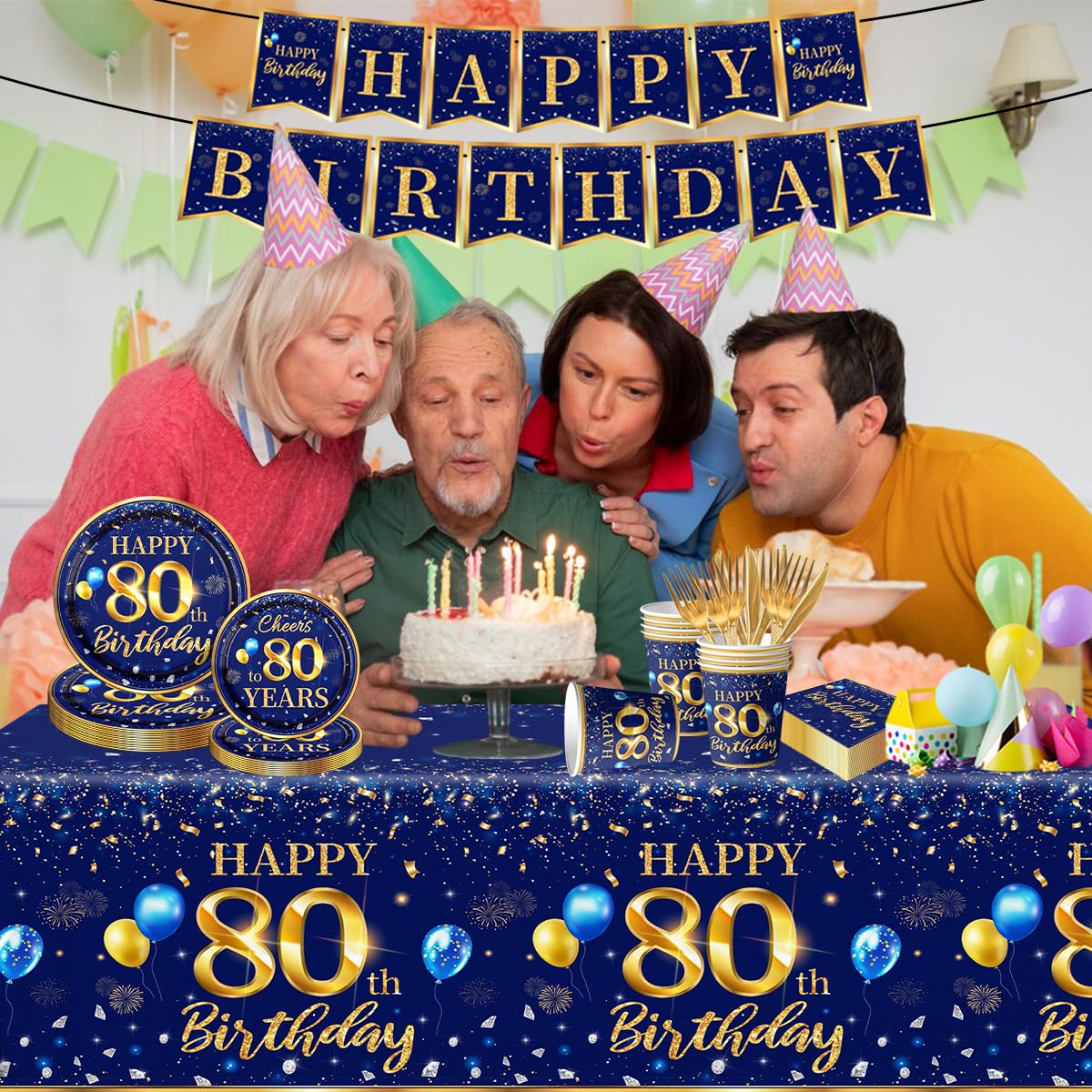 80Th Birthday Decoration Men-142Pcs Navy Blue And Gold Birthday Tableware Set(Serve For 20) Include Happy 80Th Birthday Banner P
