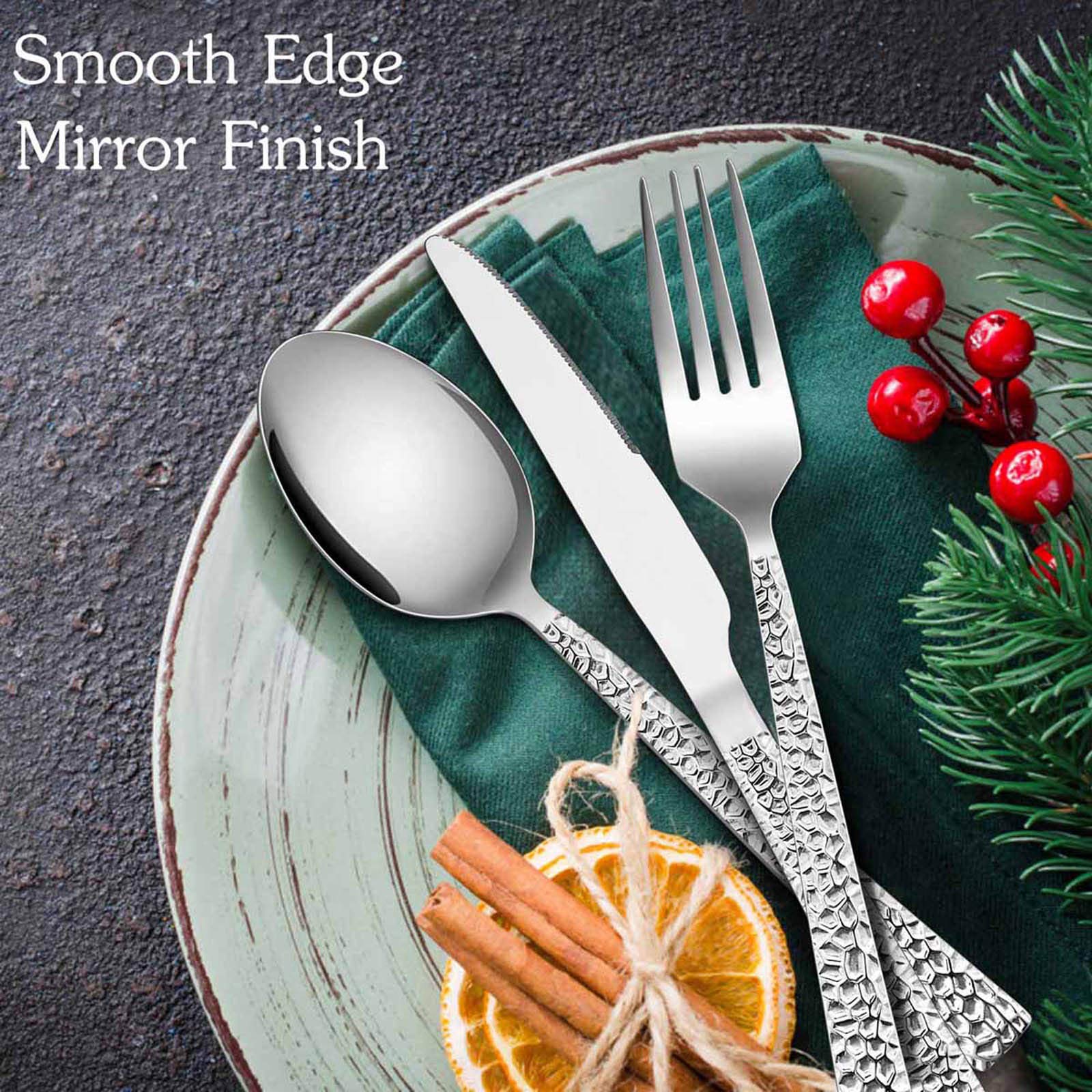 E-Far 60-Piece Silverware Set, Hammered Stainless Steel Square Flatware Cutlery Set For 12, Tableware Set Eating Utensils For Ho