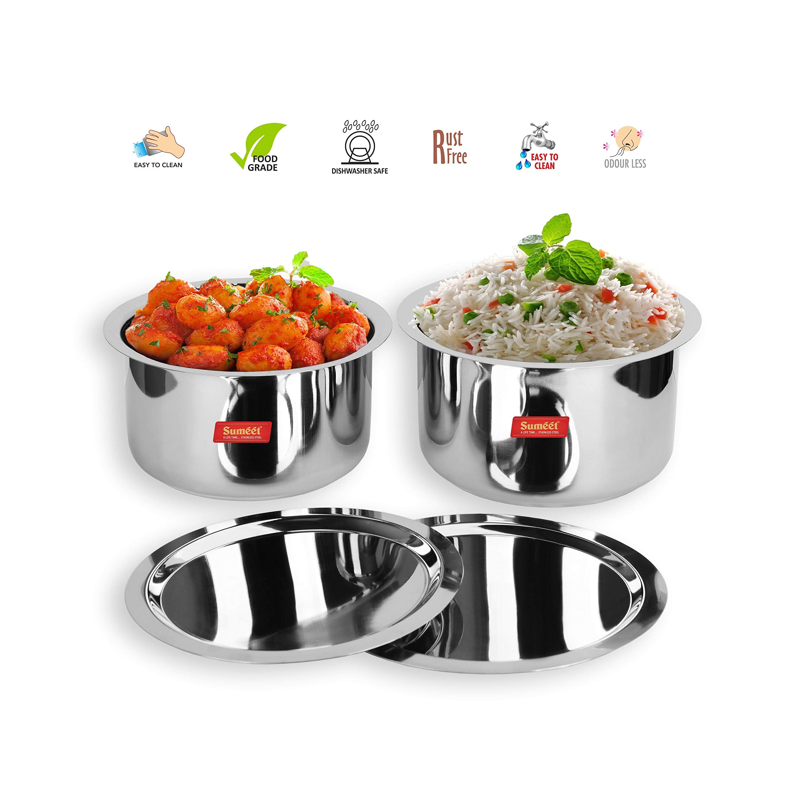 Sumeet 2 Pcs Large Size Stainless Steel Induction & Gas Stove Friendly Container Set/Tope/Cookware Set with Lids - Size No.16 to