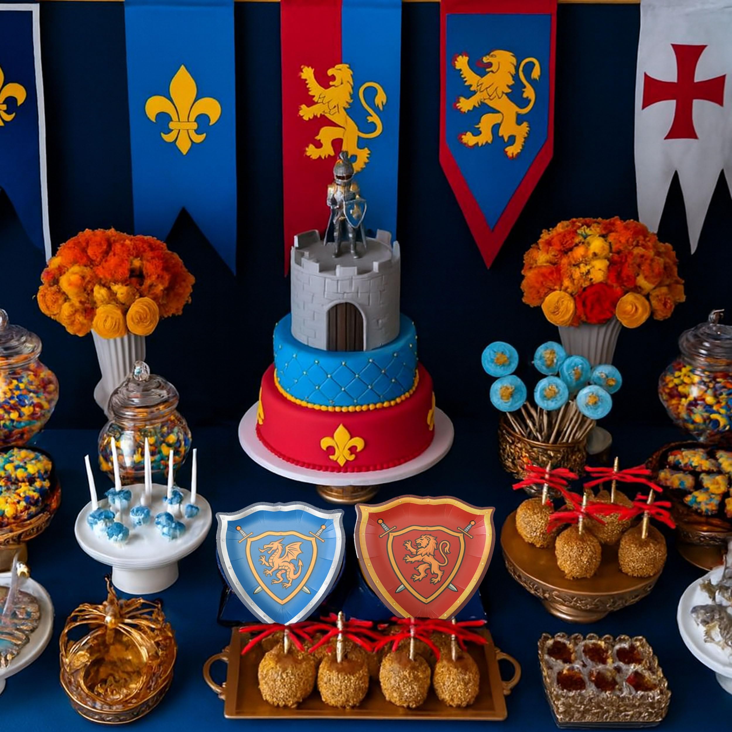 Cheerland Knights and Dragons Paper Plates Kite Shield Medieval Tableware for Fantasy Themed Knight Party Supplies Fantasy Birth