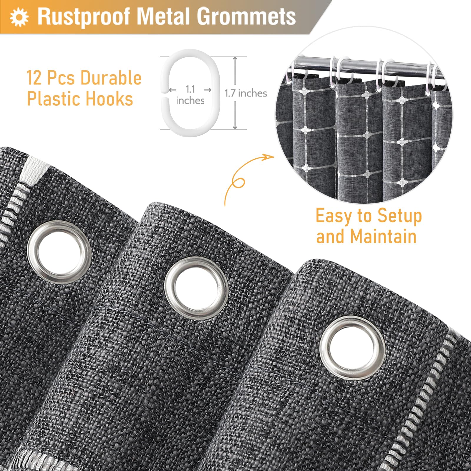 Bttn Charcoal Grey Boho Shower Curtain - Linen Rustic Heavy Duty Fabric Shower Curtain Set With Tassel, Farmhouse Bohemian Vinta