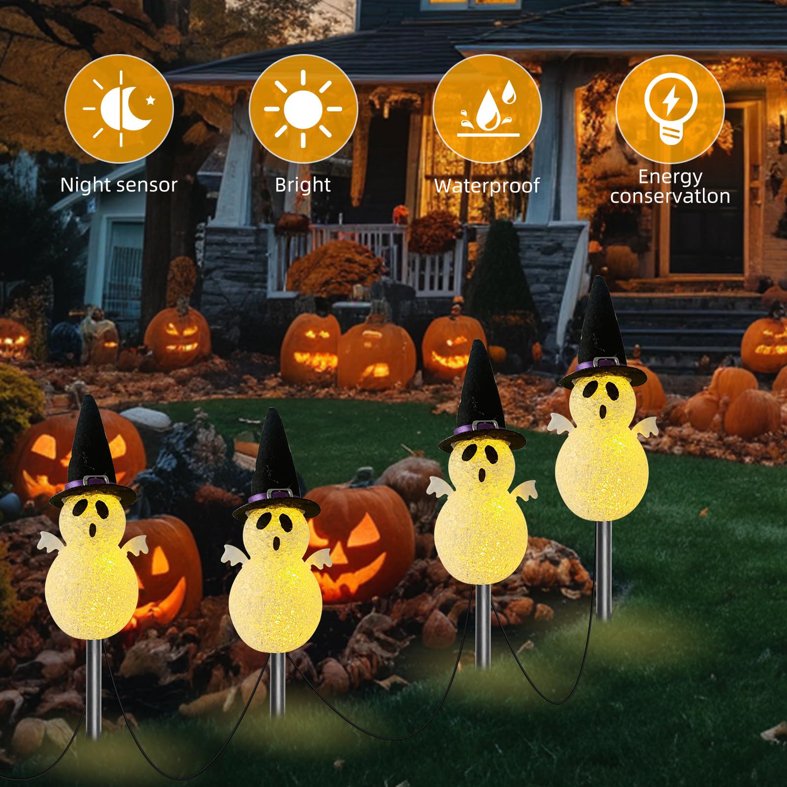 Halloween Light Stakes Ghost Lights Outdoor 7ft 4 Ghosts with 4 Stakes Light Up for Yard Driveway Garden Yard Lawn Halloween Dec
