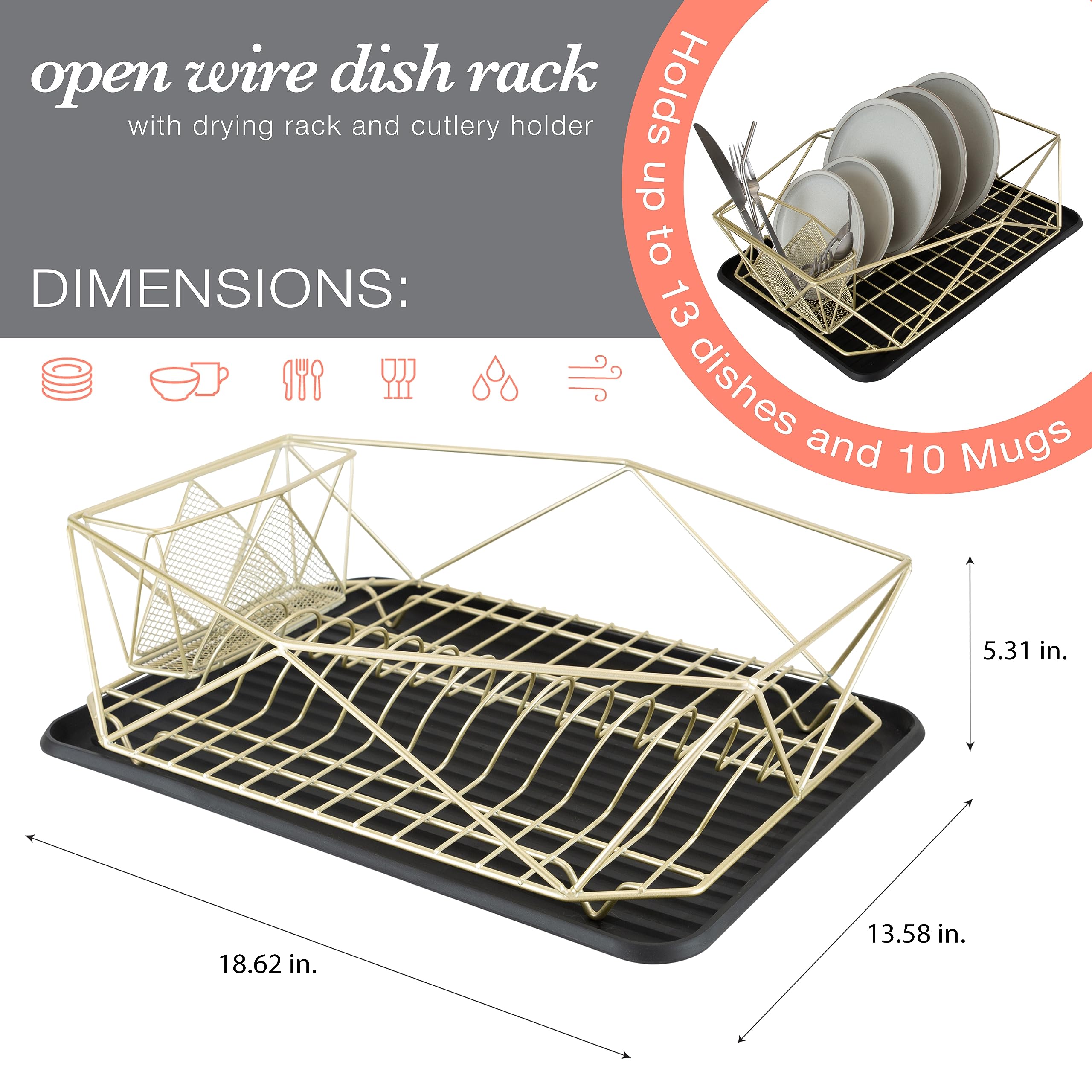 Kitchen Details Geode Deluxe Dish Drying Rack With Drain Board | Cutlery Basket | Utensil Holder | Iron Frame | Satin Gold