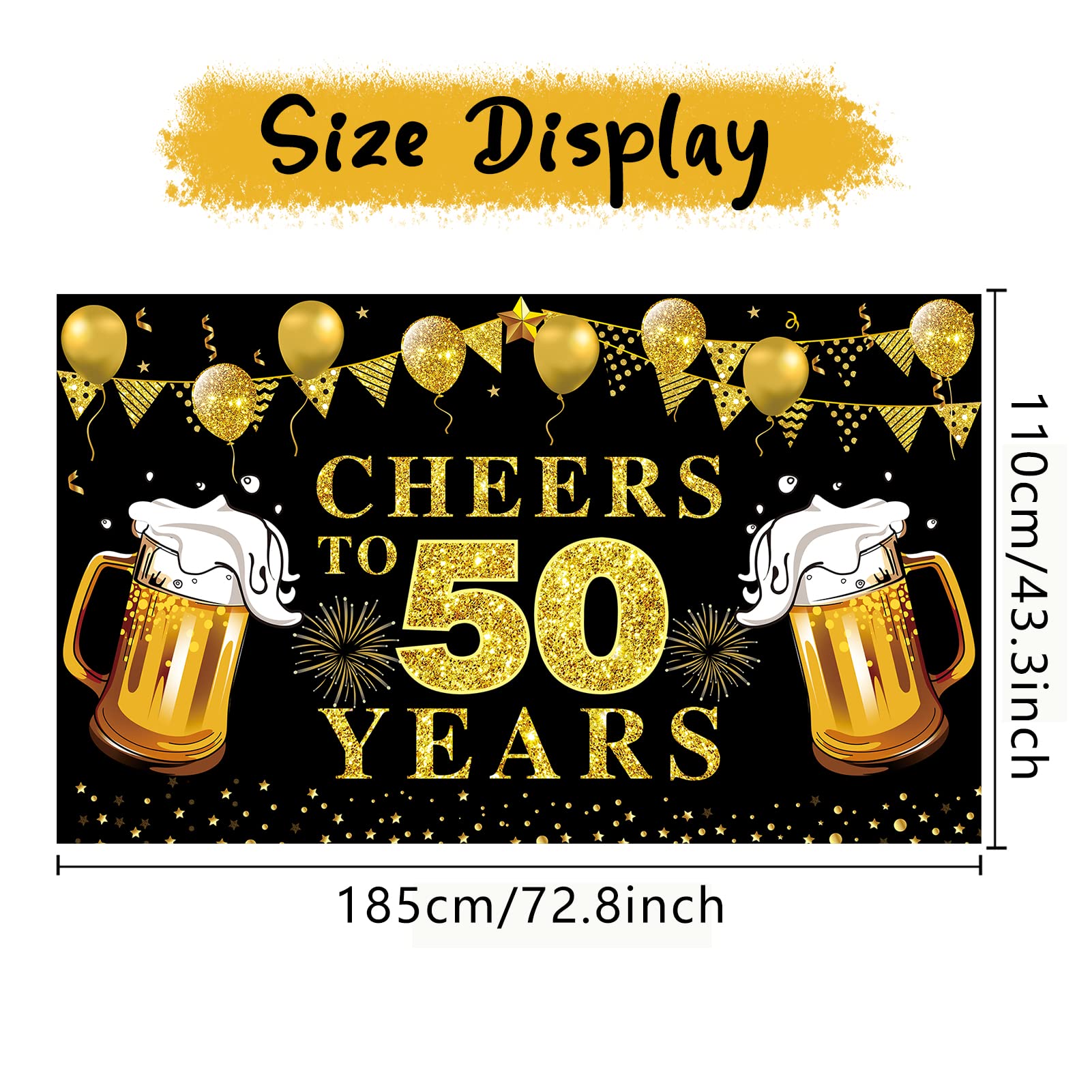 Lnlofen Cheers To 50 Years Banner Backdrop, Black Gold Happy 50Th Birthday Decorations, 50 Anniversary Banner Poster Sign Party