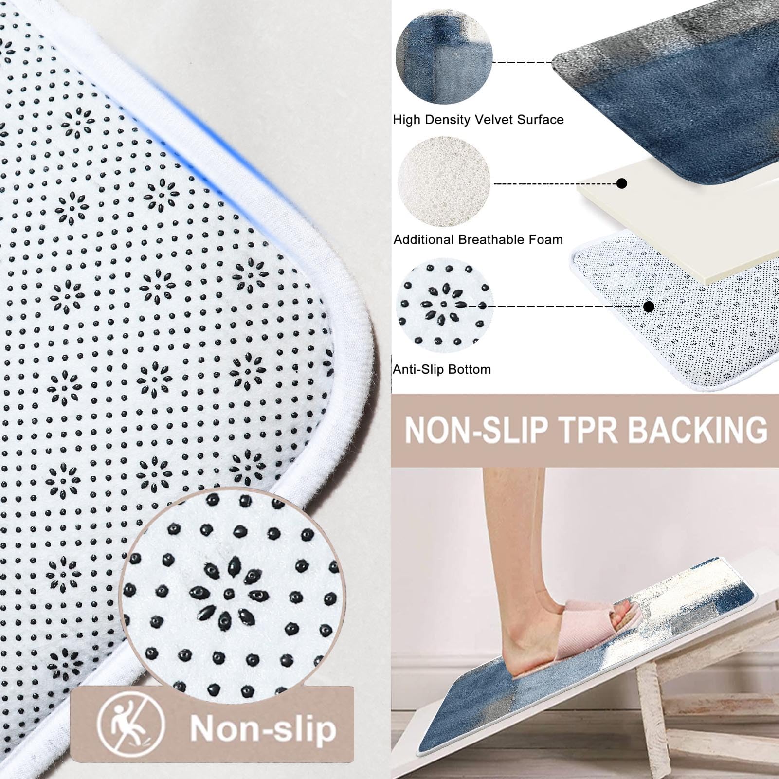 ArtSocket 4 Pcs Shower Curtain Set Blue Grey Abstract Painting Gray Vintage Retro with Non-Slip Rugs Toilet Lid Cover and Bath Mat Bathroom Decor Set 72'' x 72''