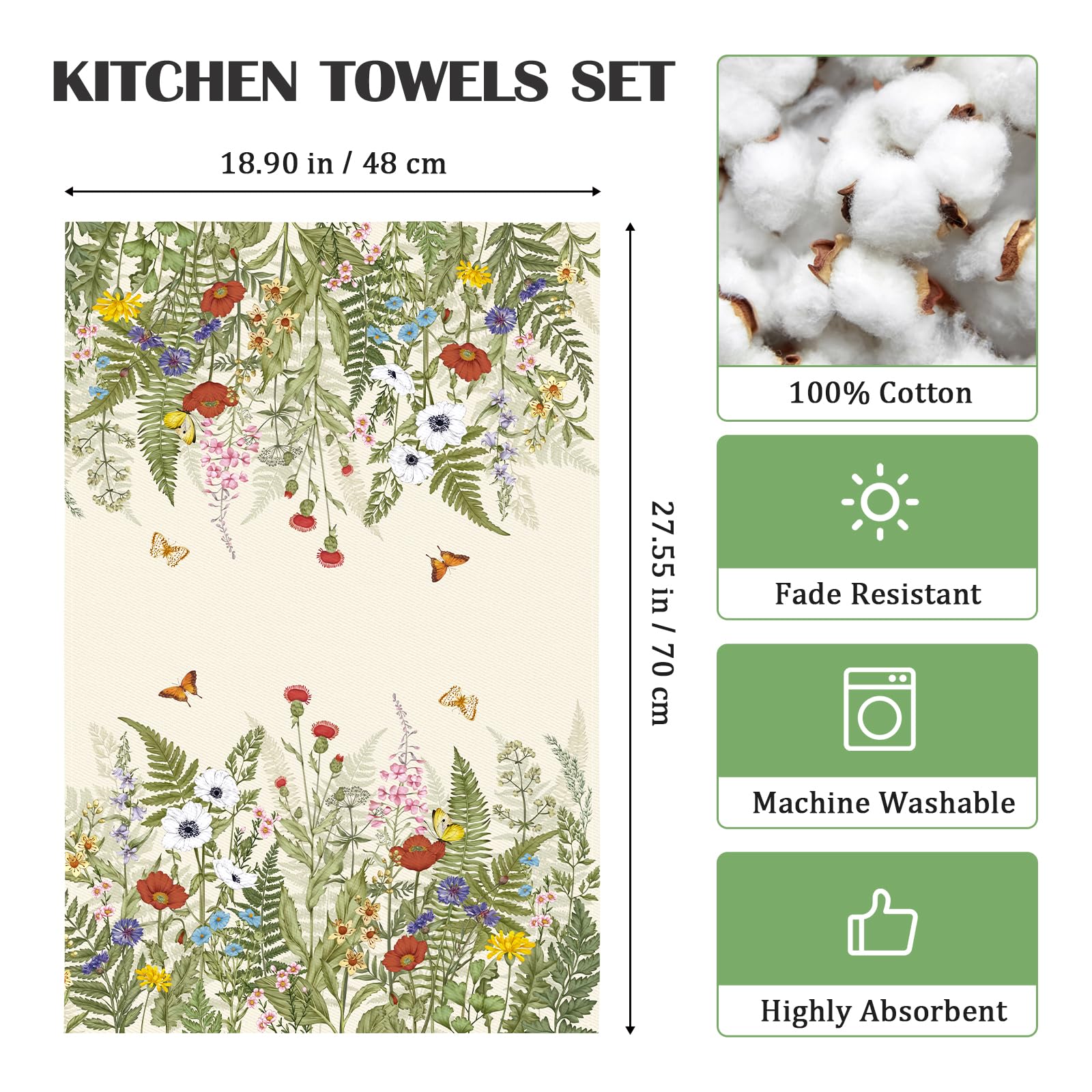 Arquiel Boho Grass Tea Towels, Cotton Kitchen Towel 18.9    27.5 Inch, Quick Drying Dish Cloth For Party Anniversary Holiday Dec