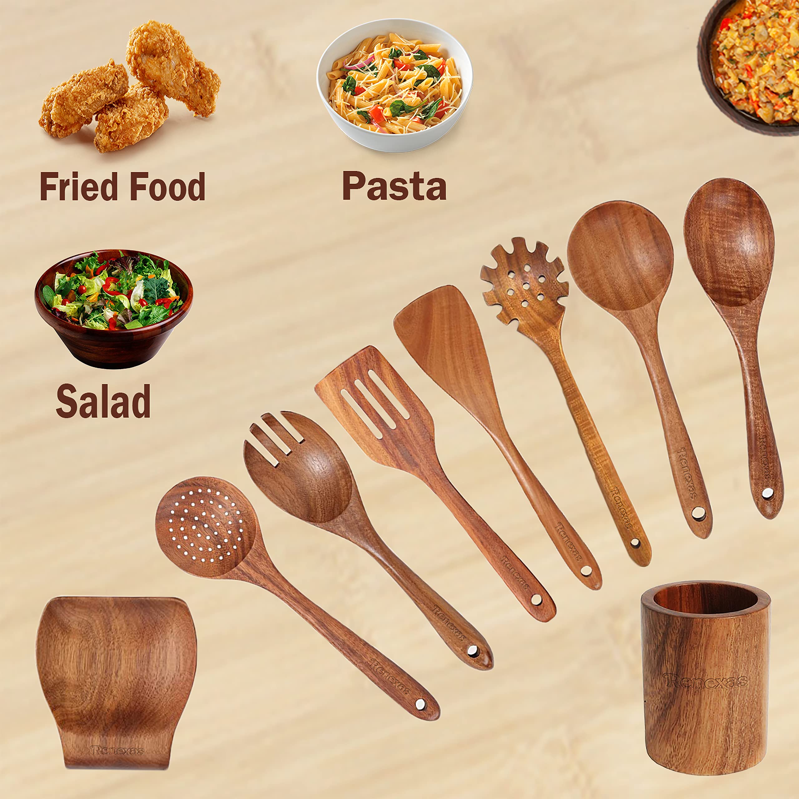 Renexas 9 Pcs Wooden Spoons For Cooking Utensils, Natural Teak Wooden Cooking Spoons With Nonstick Spatula Set, Bamboo Kitchen U