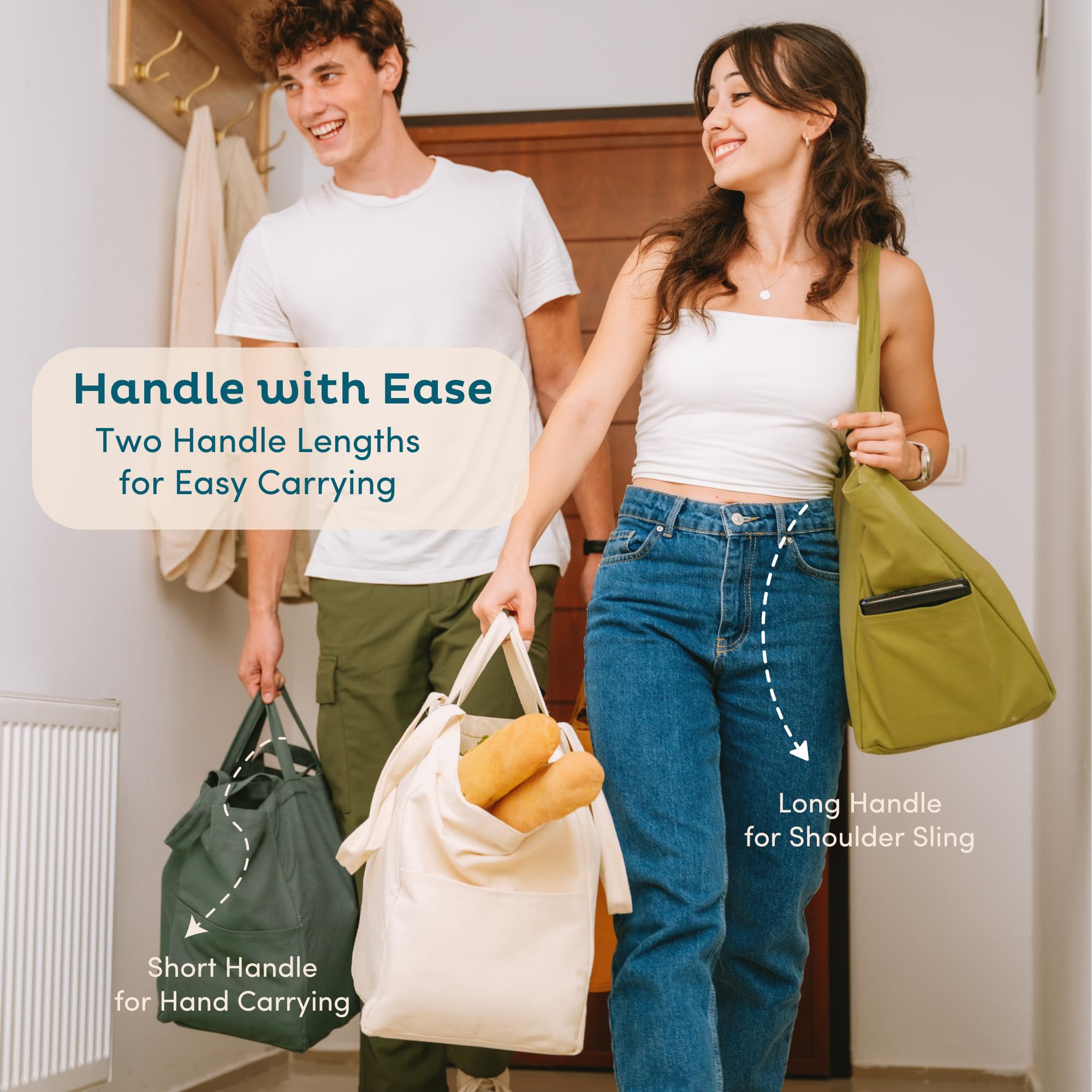 Nook Theory Reusable Grocery Bags - 100% Cotton 12Oz Canvas Grocery Bags With Handles, Large Reusable Shopping Kitchen, Heavy Du