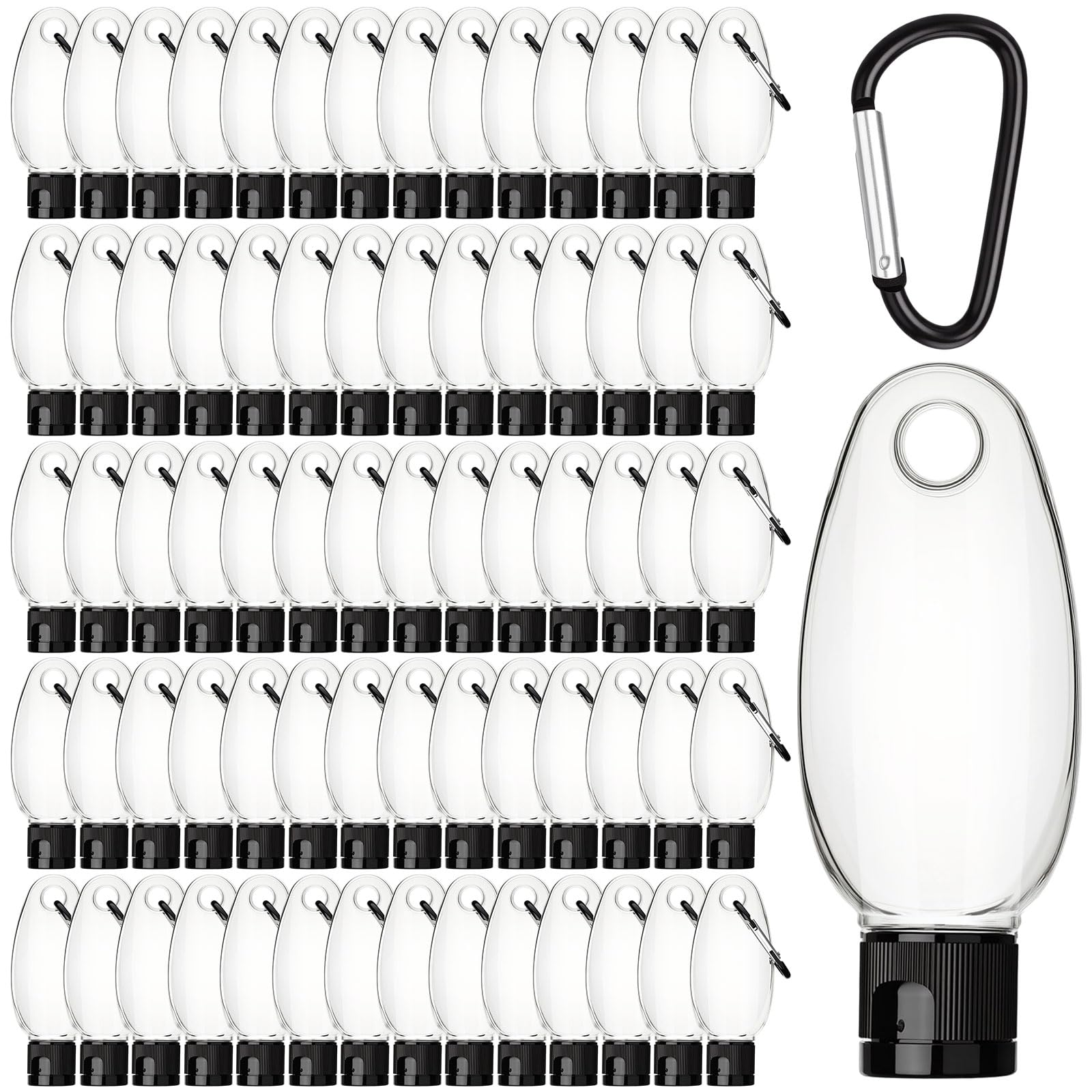 Yalikop 100 Pcs Traveling Bottles with Keychain 2oz Clear Plastic Keychain Bottle Leakproof Refillable Empty Keyring Container L