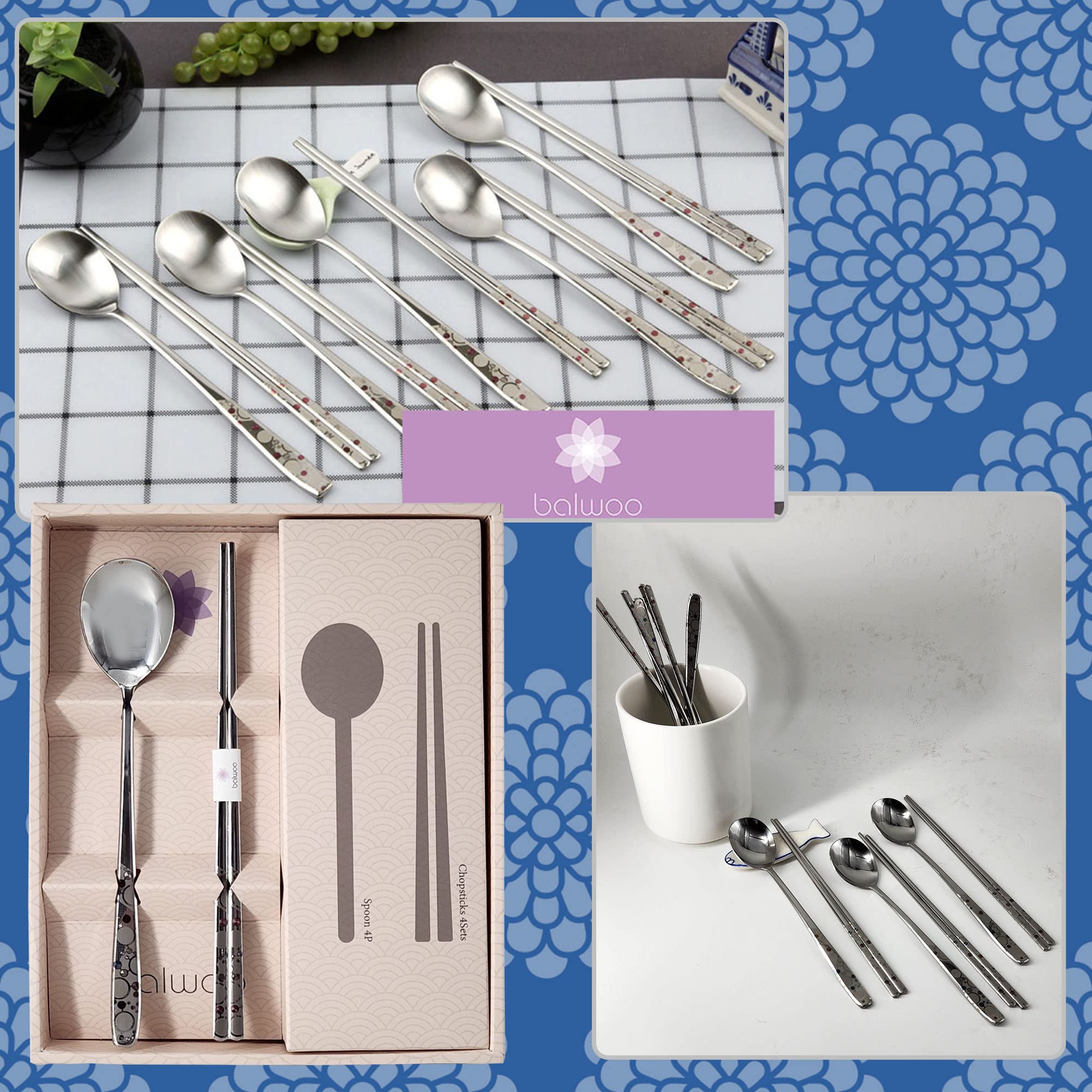 Balwoo [5 Sets][Made In Korea] Sticky Korean Style Rice Spoon Chopsticks Set 430 Stainless Steel Soup Spoon Ramen Noodle Chopsti