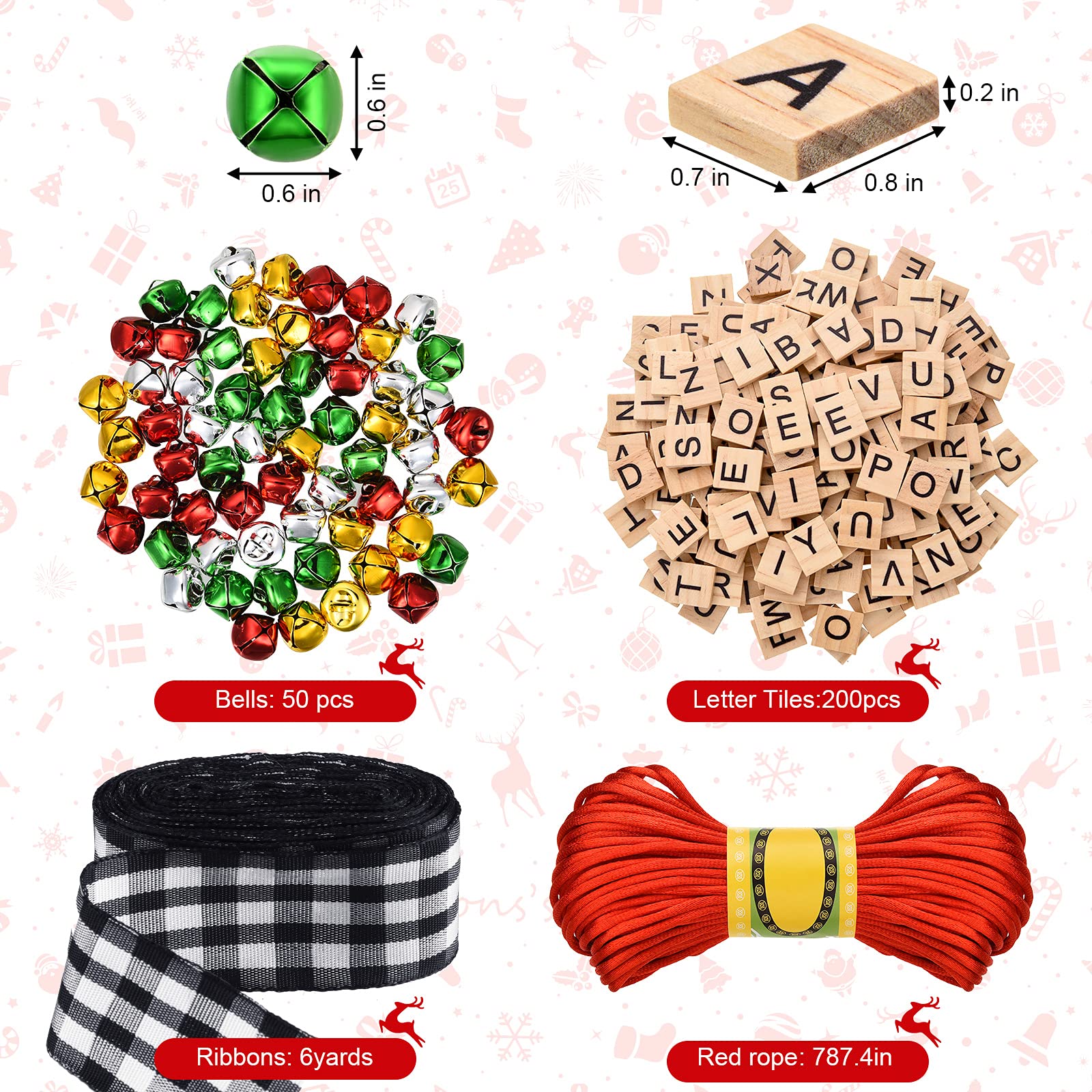 Christmas Ornaments Tree Decorations Personalized Wooden Letter Tiles DIY Crafts Capital Letter Tiles Ribbon Bells for Tree Deco