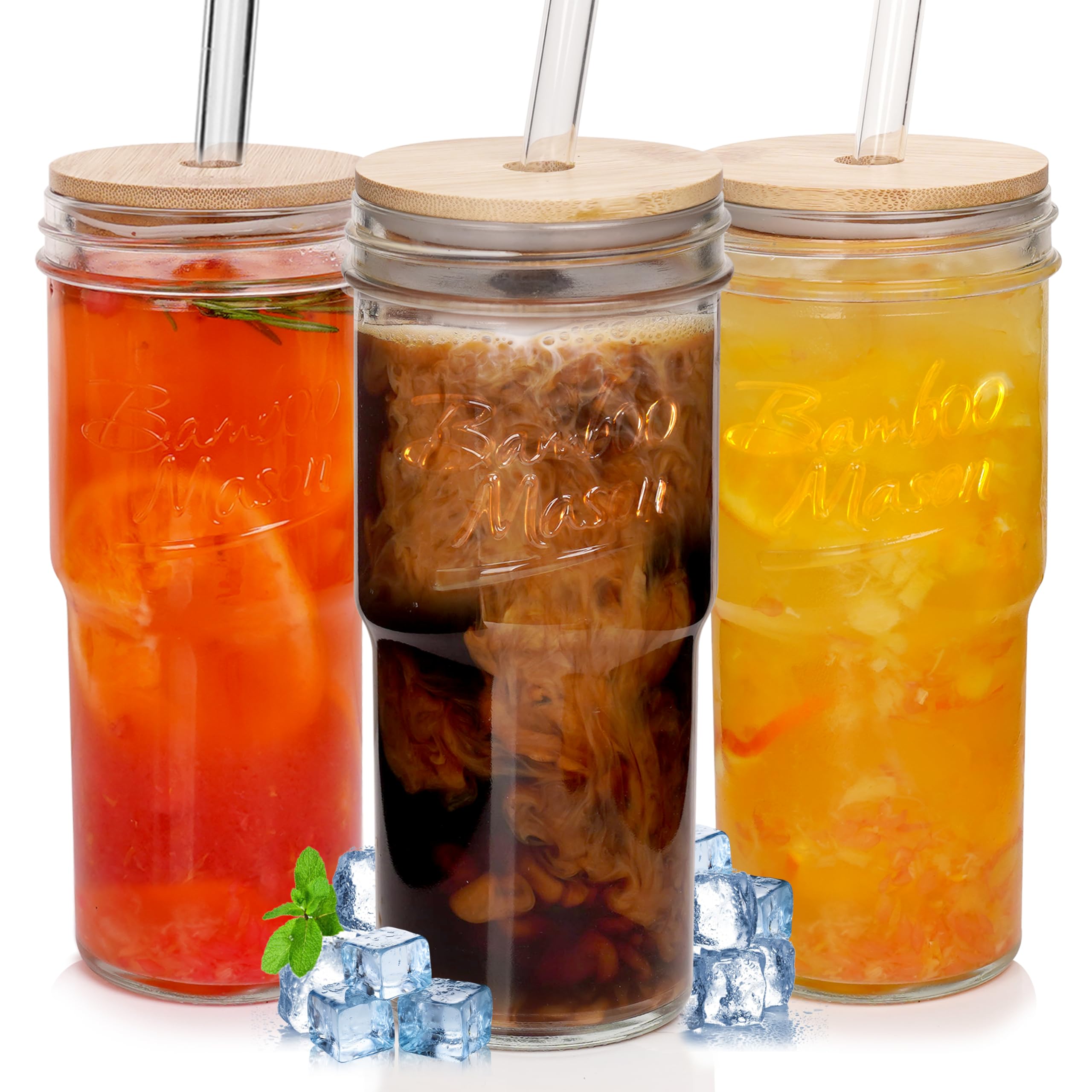 ANOTION Glass Cups with Lids and Straws, 24 oz Travel Coffee Mug Wide Mouth Mason Jar Iced Coffee Cup Smoothie Cup Glass Tumbler