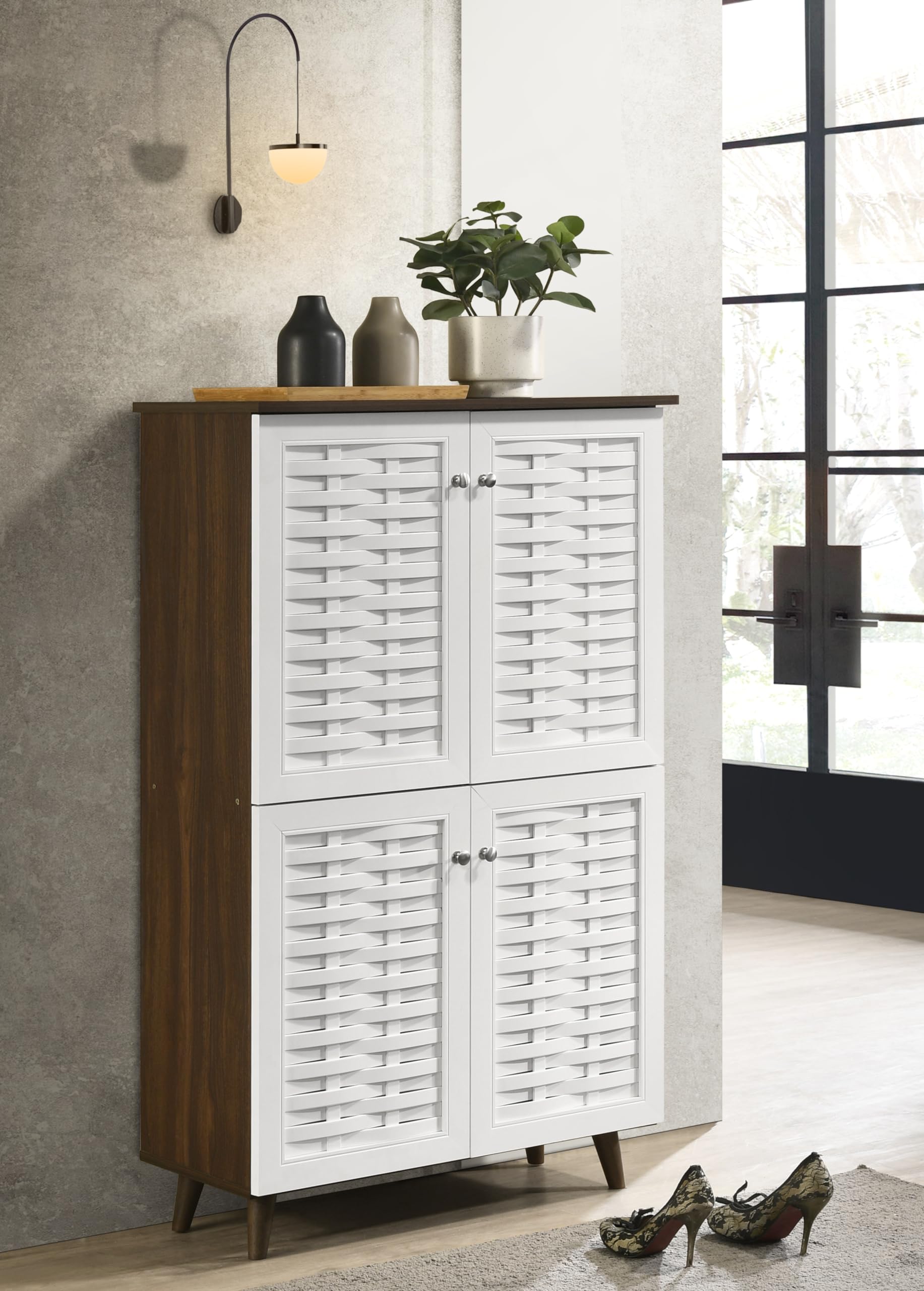 Deckup Plank Bei 4Door Engineered Wood Shoe Rack With Wooden Legs (Walnut And White, Matte Finish)