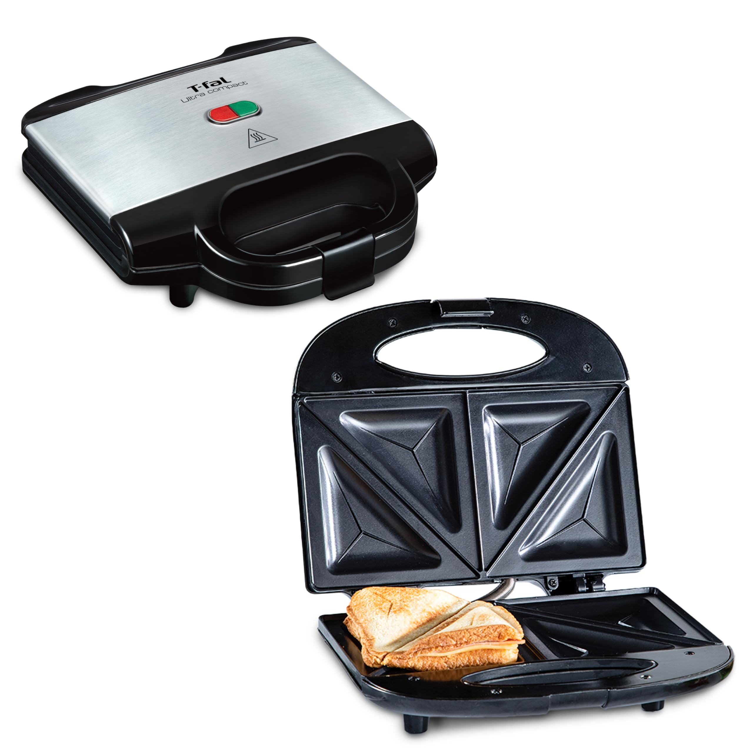 T-fal Compact Sandwich Maker, Stainless Steel, Easy to Clean, Indicator Lights, Cool Touch Handle, Grilled Cheese, Panini, 625 W