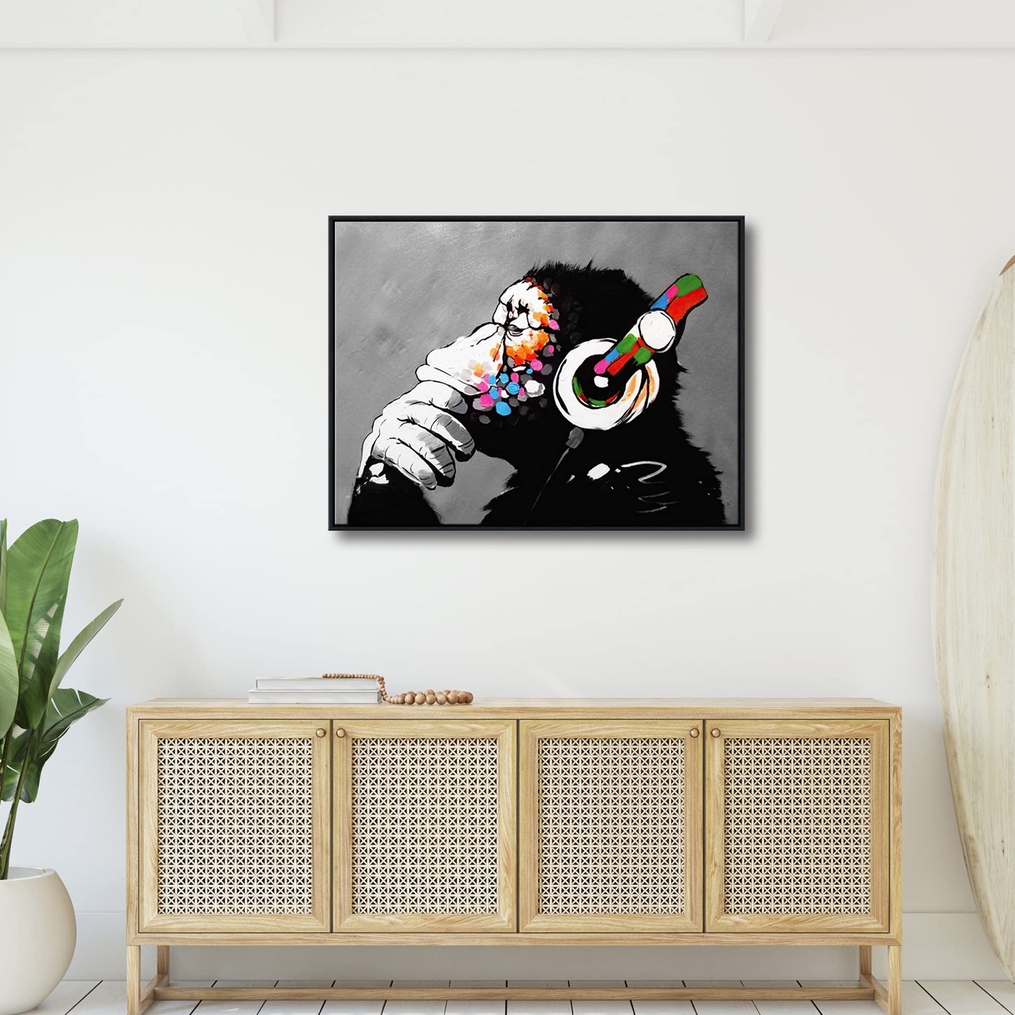 Wieco Art Large Black Framed Monkey With Headphones Banksy Graffiti Art Abstract Canvas Painting For Home Decor Canvas Wall Art