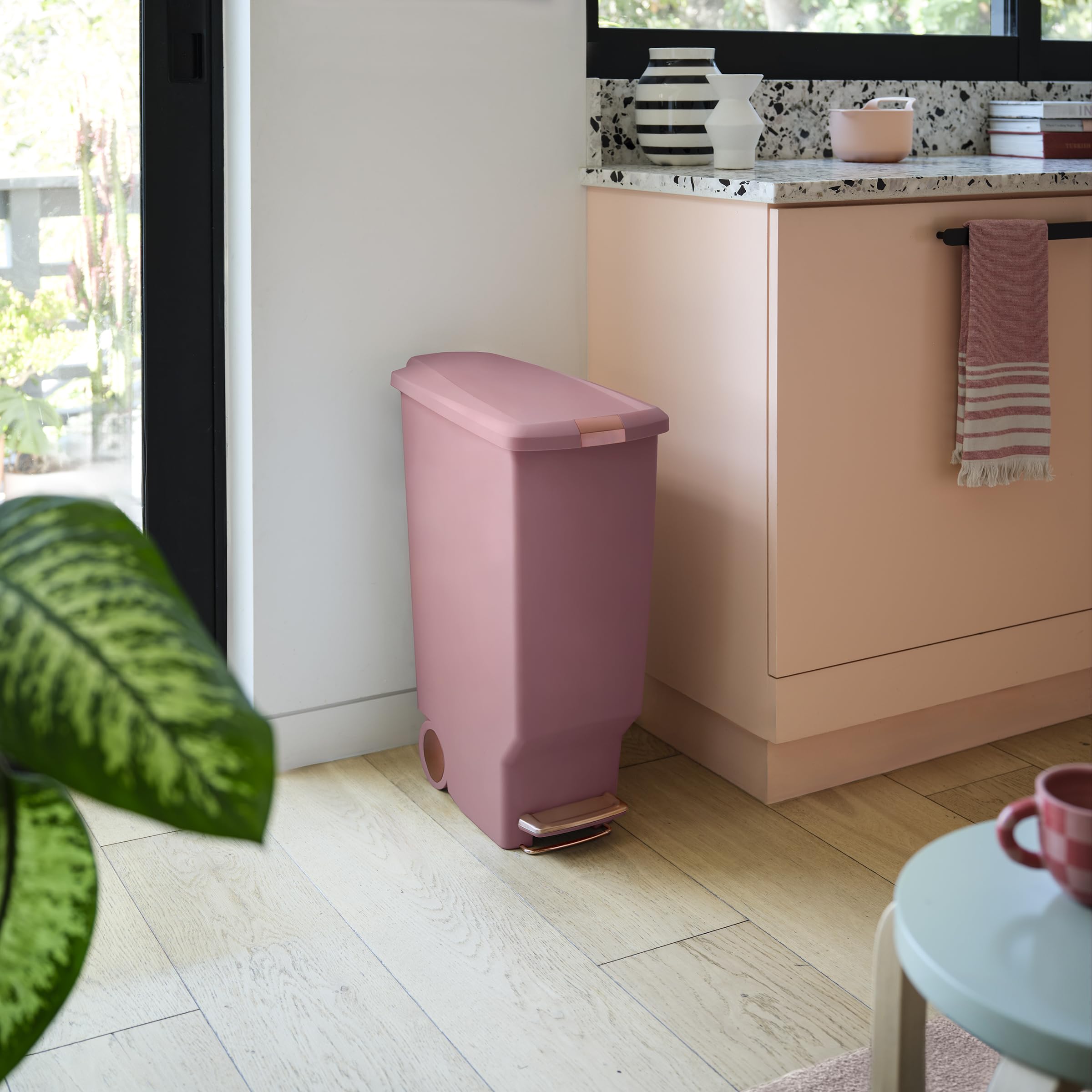 simplehuman 40 Liter / 10.6 Gallon Hybrid Slim Kitchen Step Trash Can with Secure Slide Lock, Blush Plastic