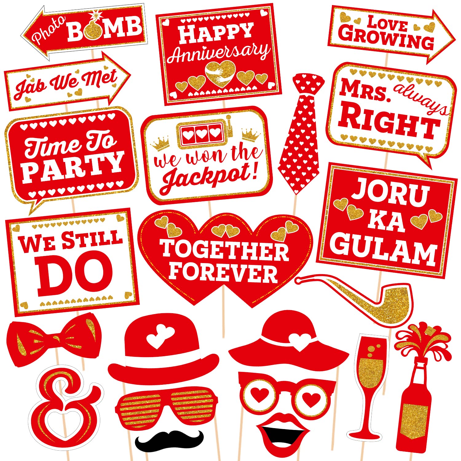 Zyozique 22 pcs Wedding Anniversary Photo Booth Party Props DIY Kit, Red & White, Anniversary Party Decoration Photo Booth Board