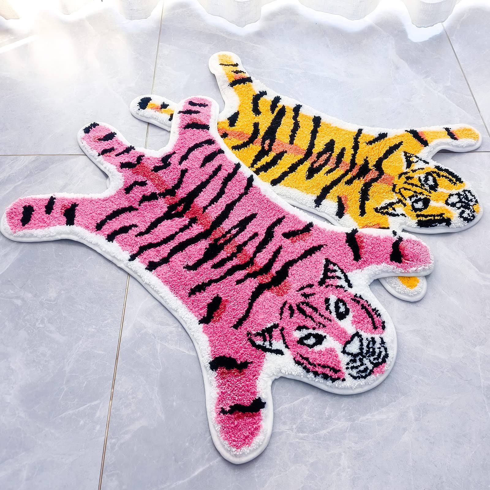 Tiger Shaped Rug Bath Mat Pink Tiger Bathroom Rug Non-Slip Door Mat Animals Printed Area Rug Carpet Small Home Decor Mat Playmat