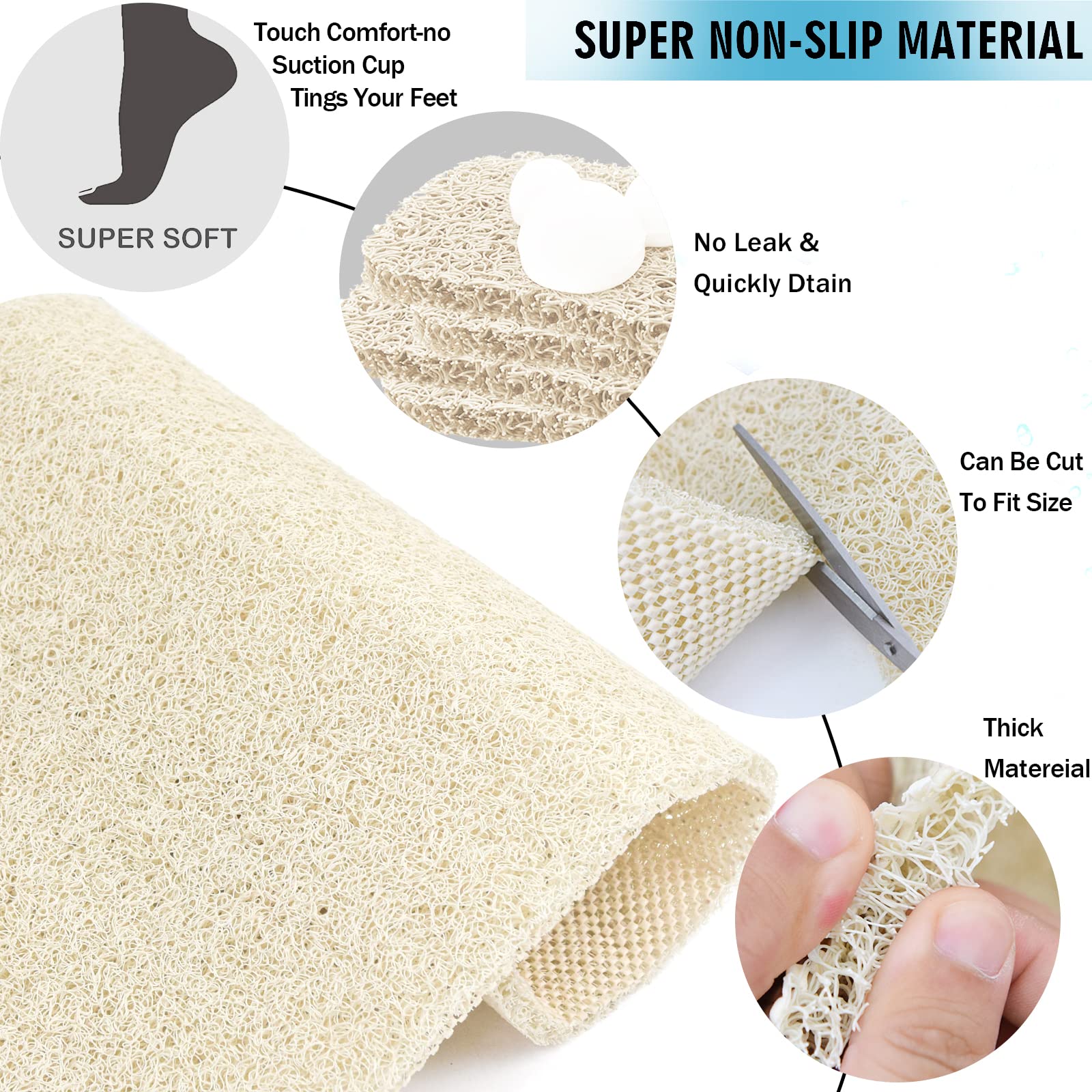 Extra Large Shower Mats Non Slip Without Suction Cups, 23.6 - 47.2 Inch, Bath Mat For Textured Tub Surface, Loofah Mats For Show