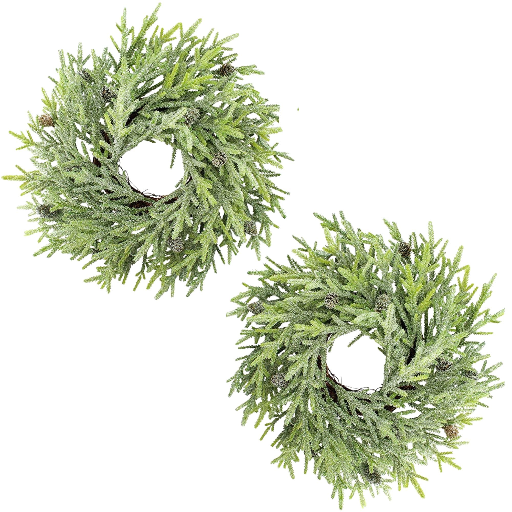 AuldHome Design Artificial Christmas Wreaths (2-Pack, 15-Inch); Evergreen Flocked Greenery w/Pinecones for Doors, Stairways and 