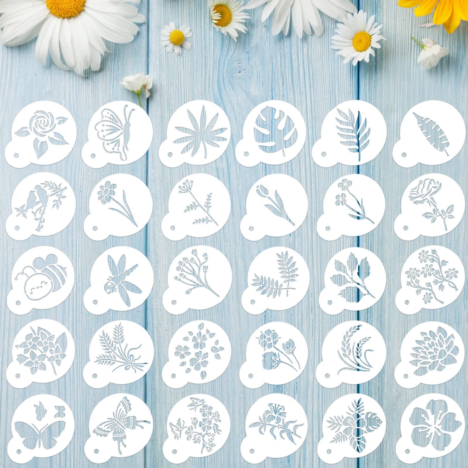 30 Pieces Coffee Stencil Cookie Cake Stencils Latte Art Reusable Plastic Stencils Diy Bake Stencils Leaves Butterfly Flowers Bir
