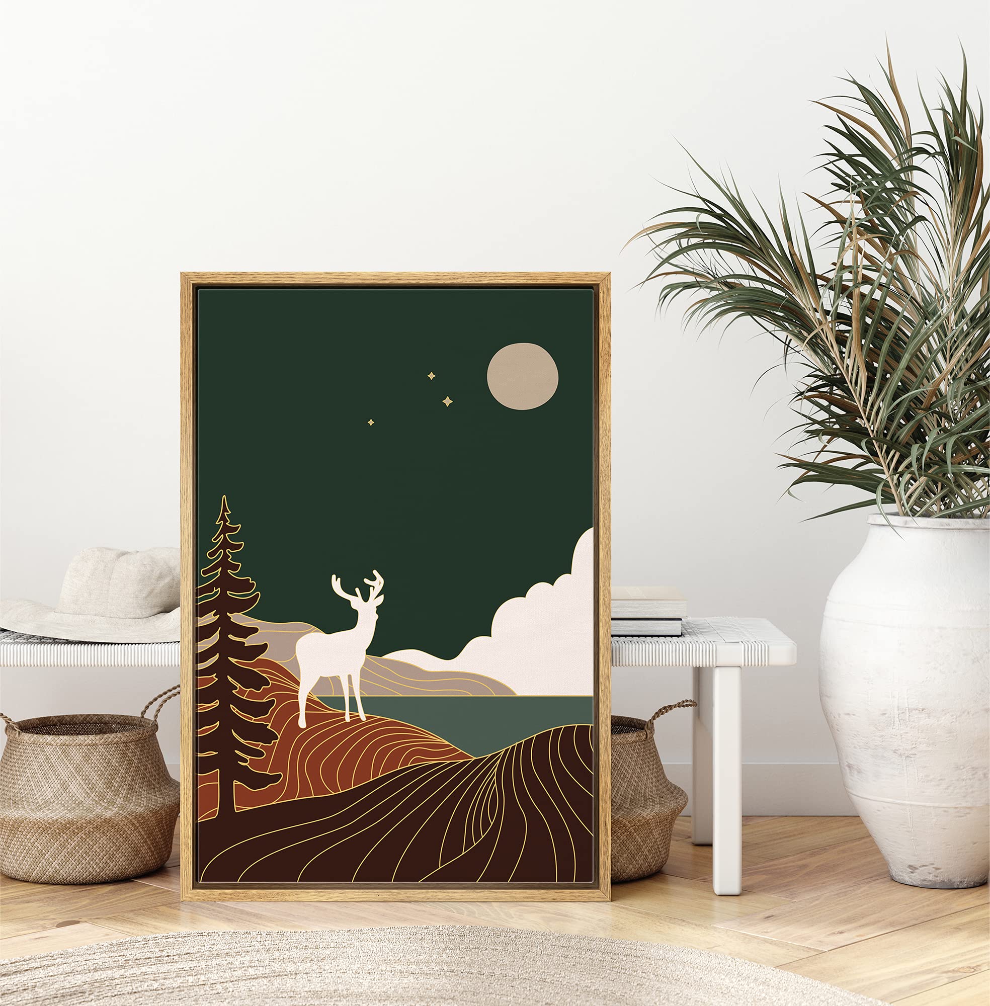 IDEA4WALL Framed Canvas Print Wall Art Deer in The Golden Green Night Forest Animals Wildlife Illustrations Modern Art Farmhouse/Country Dark for Living Room  Bedroom  Office - 16''x24'' Natural