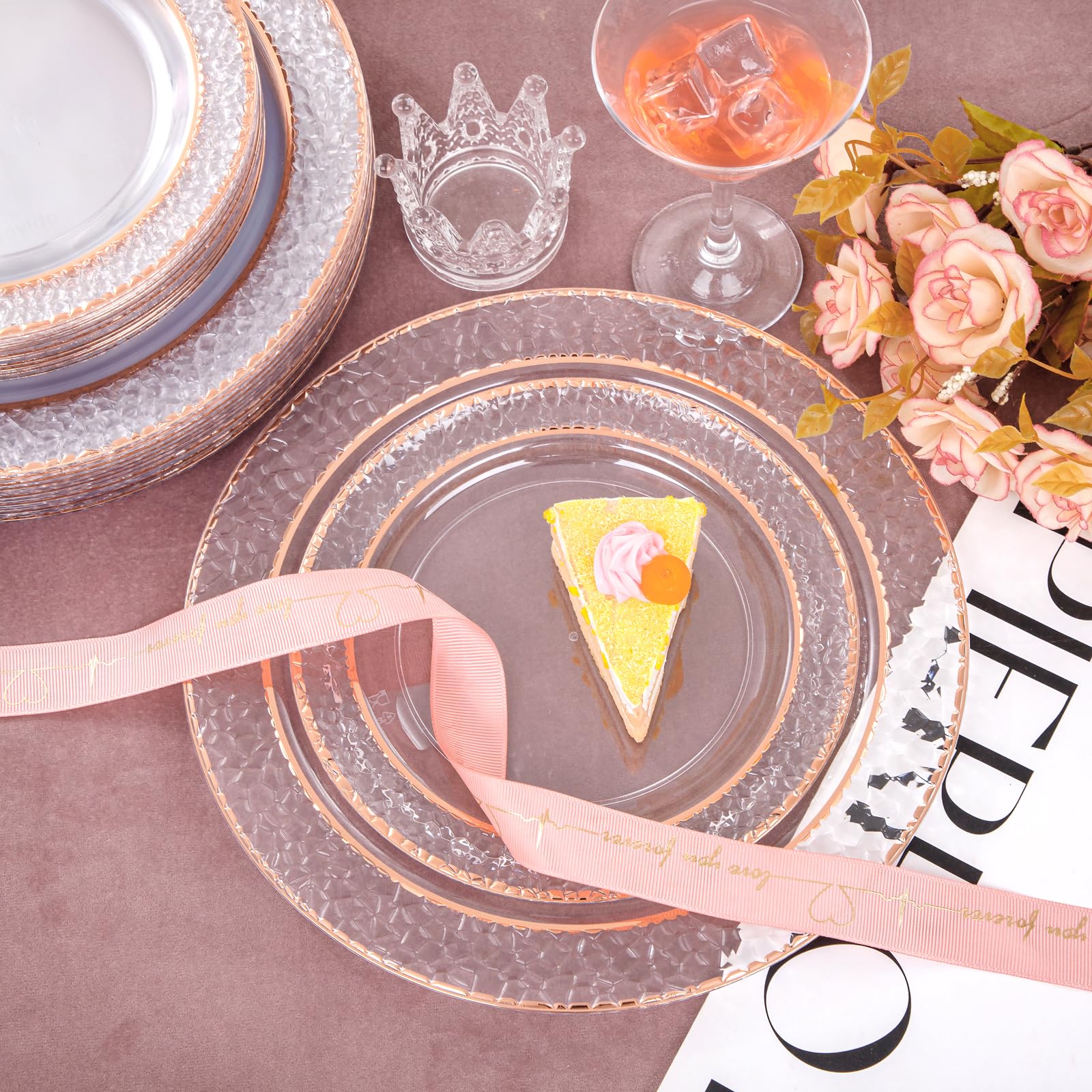 Joyido 102Pcs Rose Gold Plastic Plates - Clear Rose Gold Disposable Plates Include 51Pcs 7.5Inch Dessert Plates 51Pcs 10.25Inch
