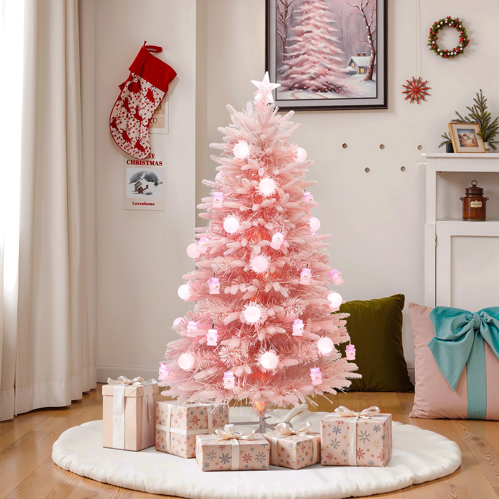 LuxenHome 5FT Pink Christmas Tree with Lights, Plug-in Prelit Christmas Tree with 13 Light Modes Globe Lights and Snowman LED Or