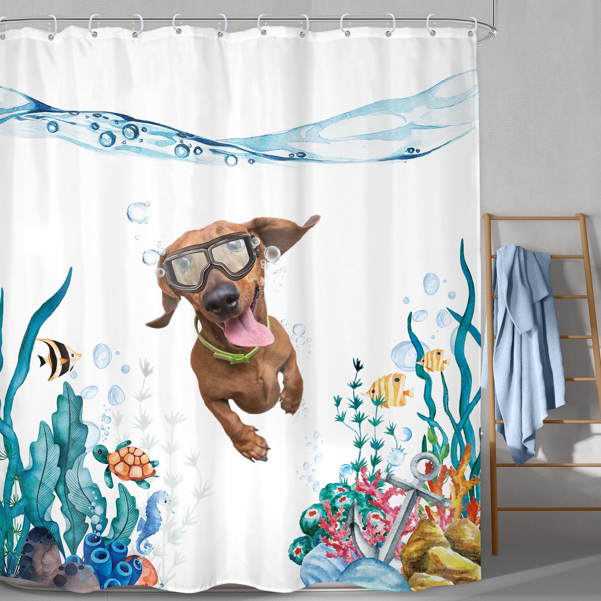 Lghtyro Funny Dog Kids Dachshund Shower Curtain Bathroom Set 71Wx84H Inches Extra Long Teal Blue Sea Ocean Nautical Cute Underwa