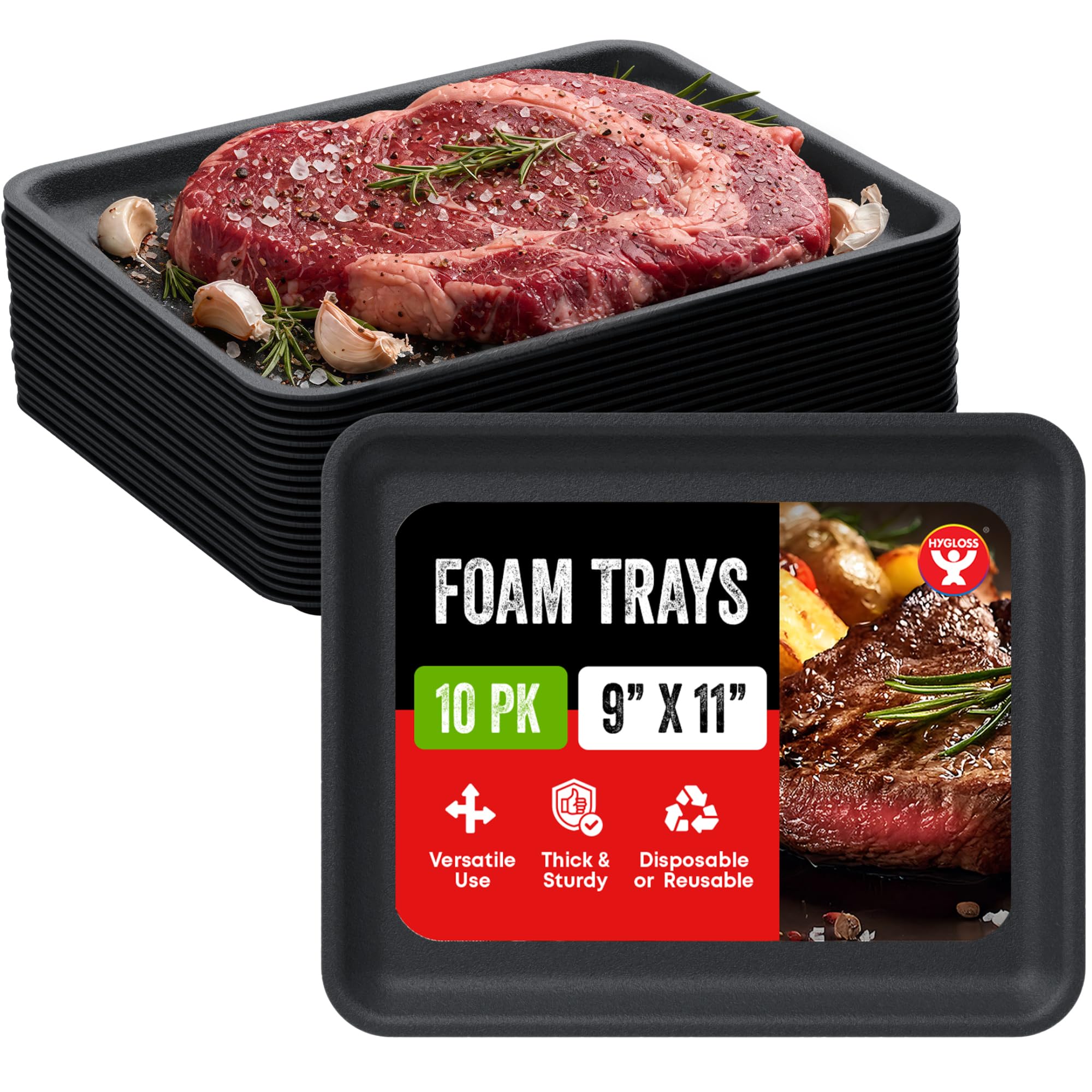 Hygloss Black Foam Trays for Food & Crafts - 9 x 11 Inch - Pack of 10 - Multipurpose Rectangle Foam Meat Trays for Food Prep, Va
