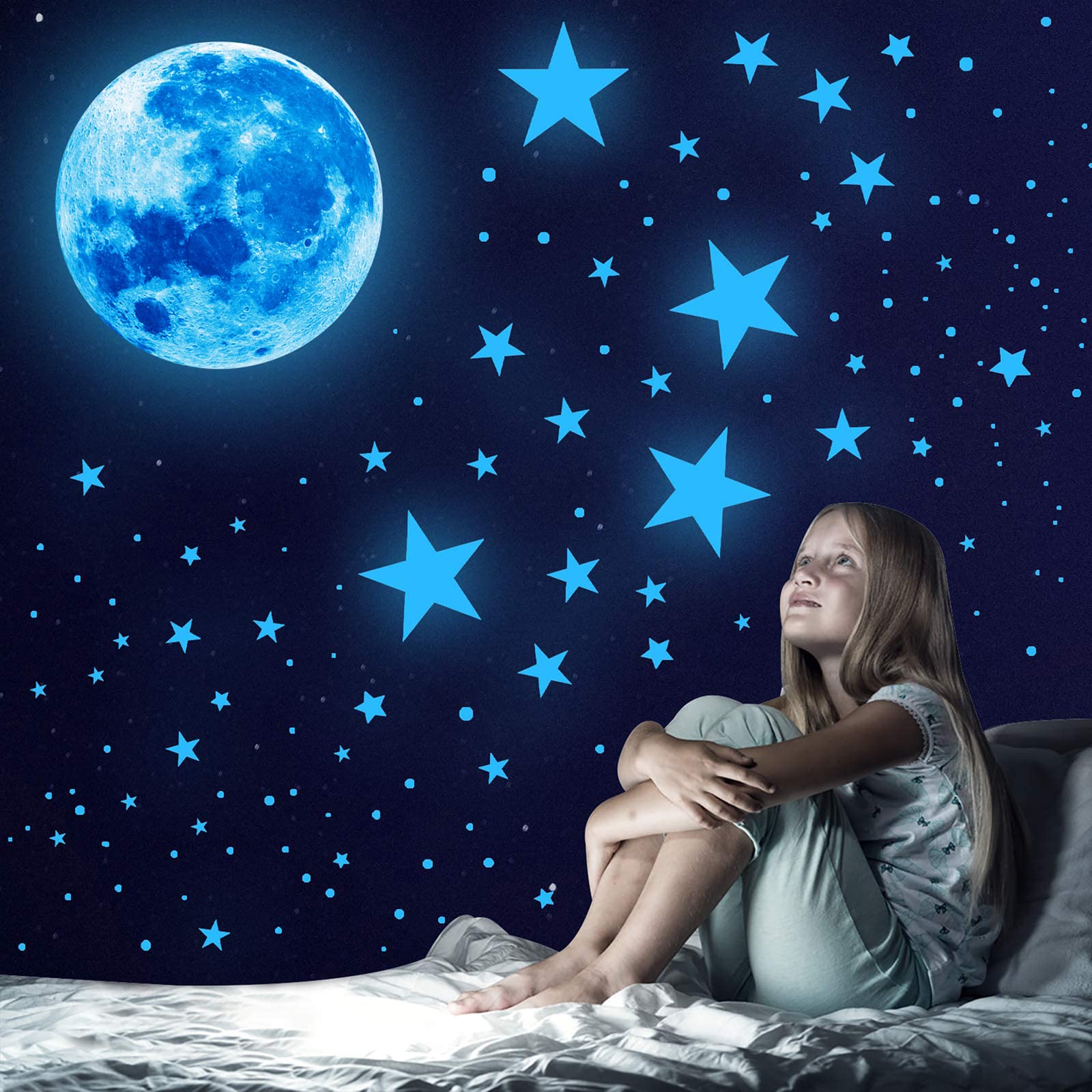 Glow in The Dark Stars for Ceiling Glow in The Dark Stars and Moon Wall Decals  1088 Pcs Ceiling Stars Glow in The Dark Kids Wall Decors  Perfect for Kids Nursery Bedroom Living Room (Blue)