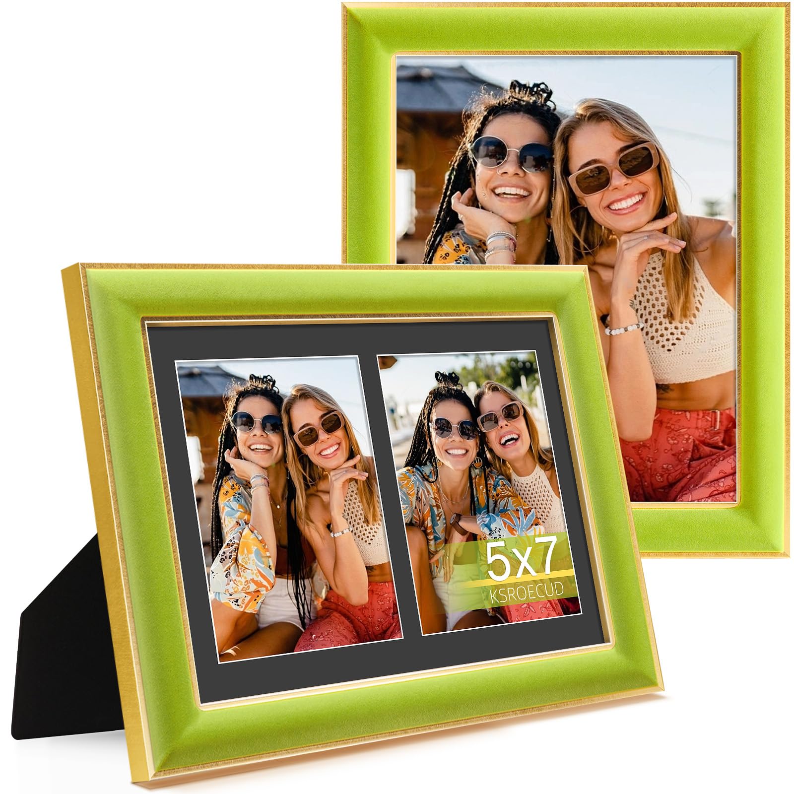 KSROECUD 8.5x11 Velvet Picture Frame with 2 Openings 5x7 Pictures, HD Real Glass Light Green Velvet Photo Frame with Black White