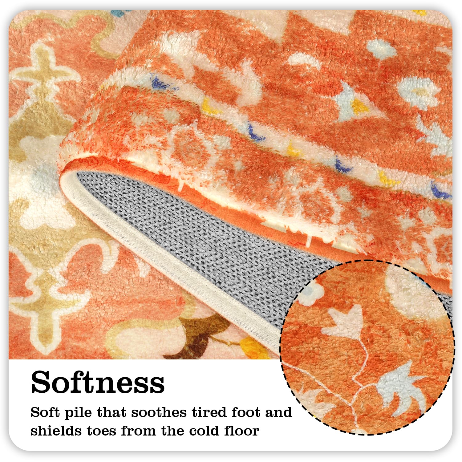 Uphome Boho Tribal Bathroom Runner Rug Orange Cute Floral Bath Mat Non-Slip Machine Washable Long Bathroom Rugs Soft Velvet Orie