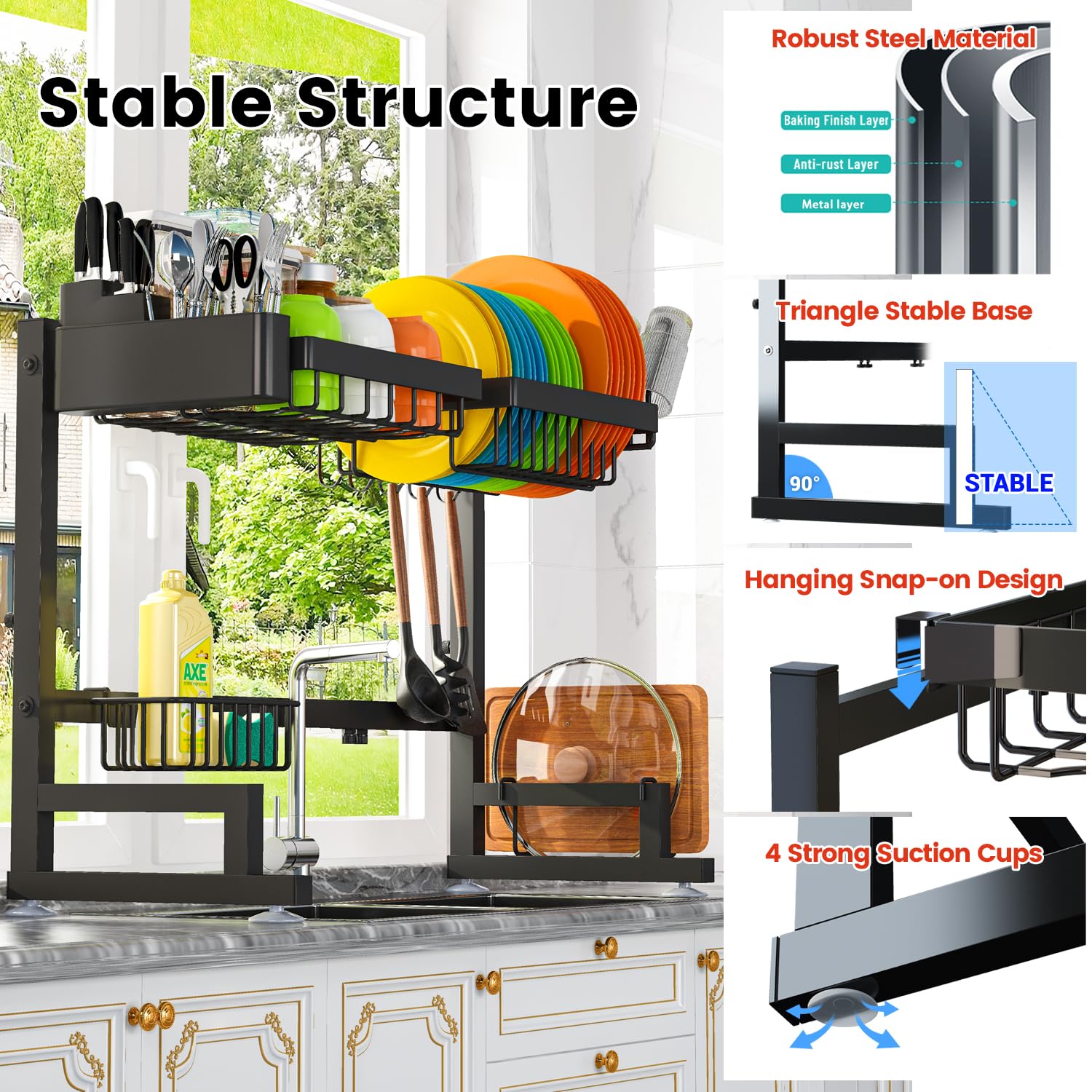 Adbiu Fit Sink 24.5''- 35.5'' L Over Sink Dish Drying Rack (Expandable Dimension) Snap-On Design 2 Tier Large Kitchen Dish Rack