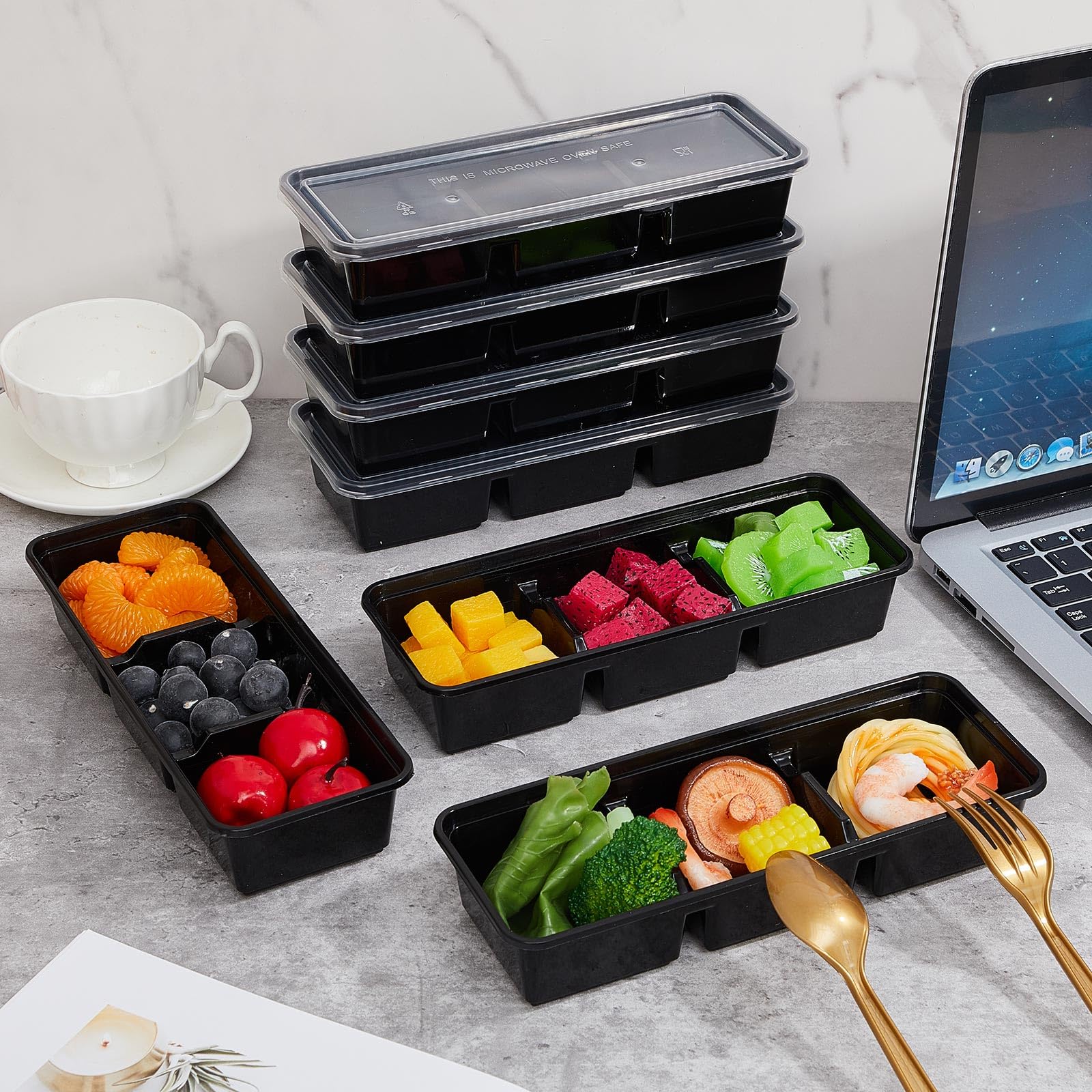 Hushee 50 Pack 17 Oz Small Meal Prep Containers 3 Compartments With Lids, Disposable Plastic Bento Boxes Reusable Stackable Food