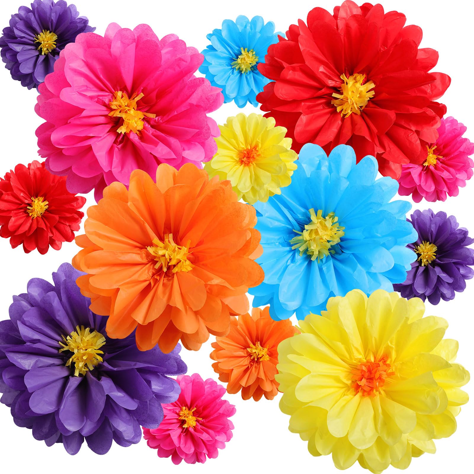 Watersay 12 Pcs 10 20 Giant Mexican Fiesta Paper Flowers Colorful Tissue Crepe Flowers Pom Poms Craft for Floral Party Backdrop 