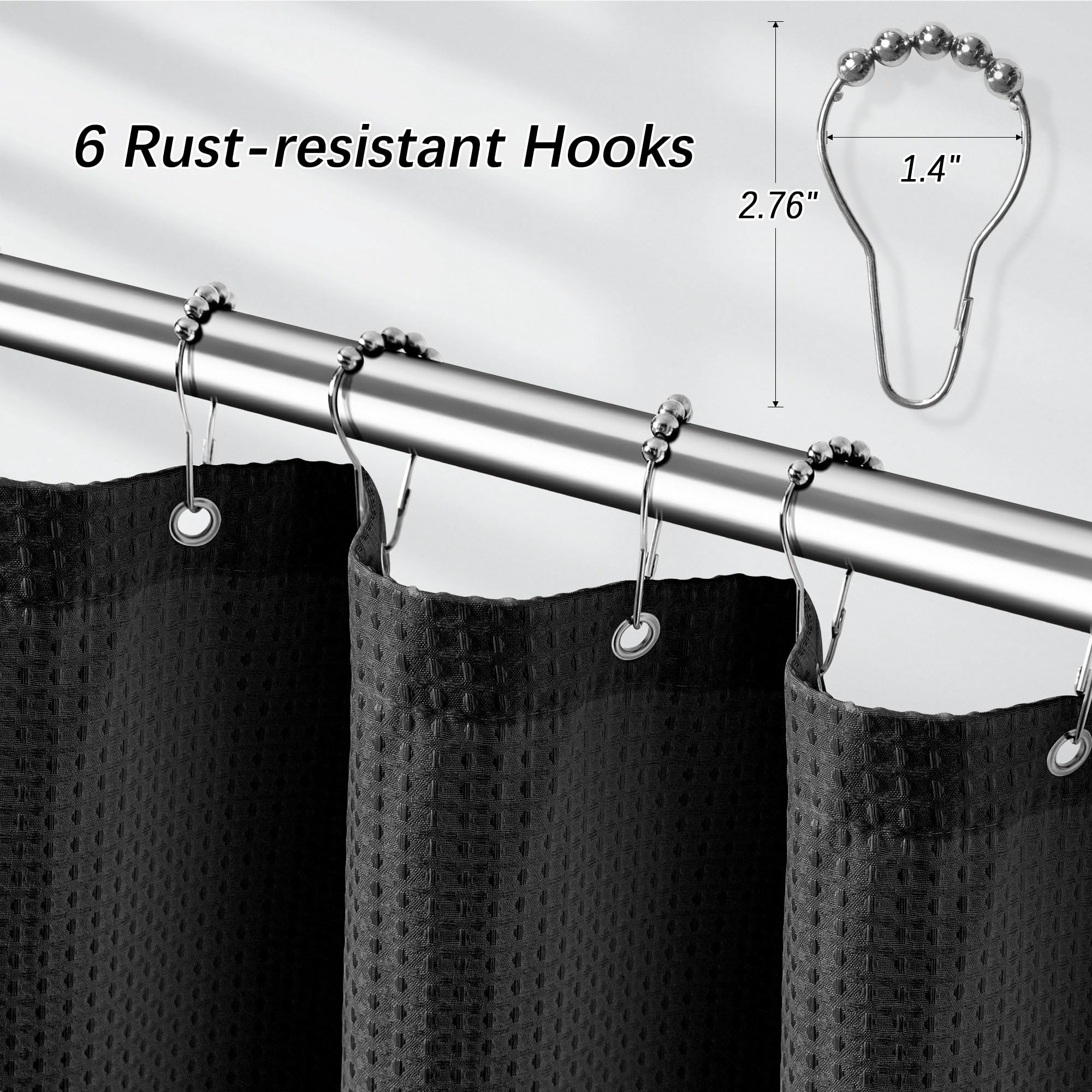 Pangsinne Black Stall Fabric Shower Curtain - Water Repellent Waffle Textured 256Gsm Heavy Duty Cloth Shower Curtains For Bath T