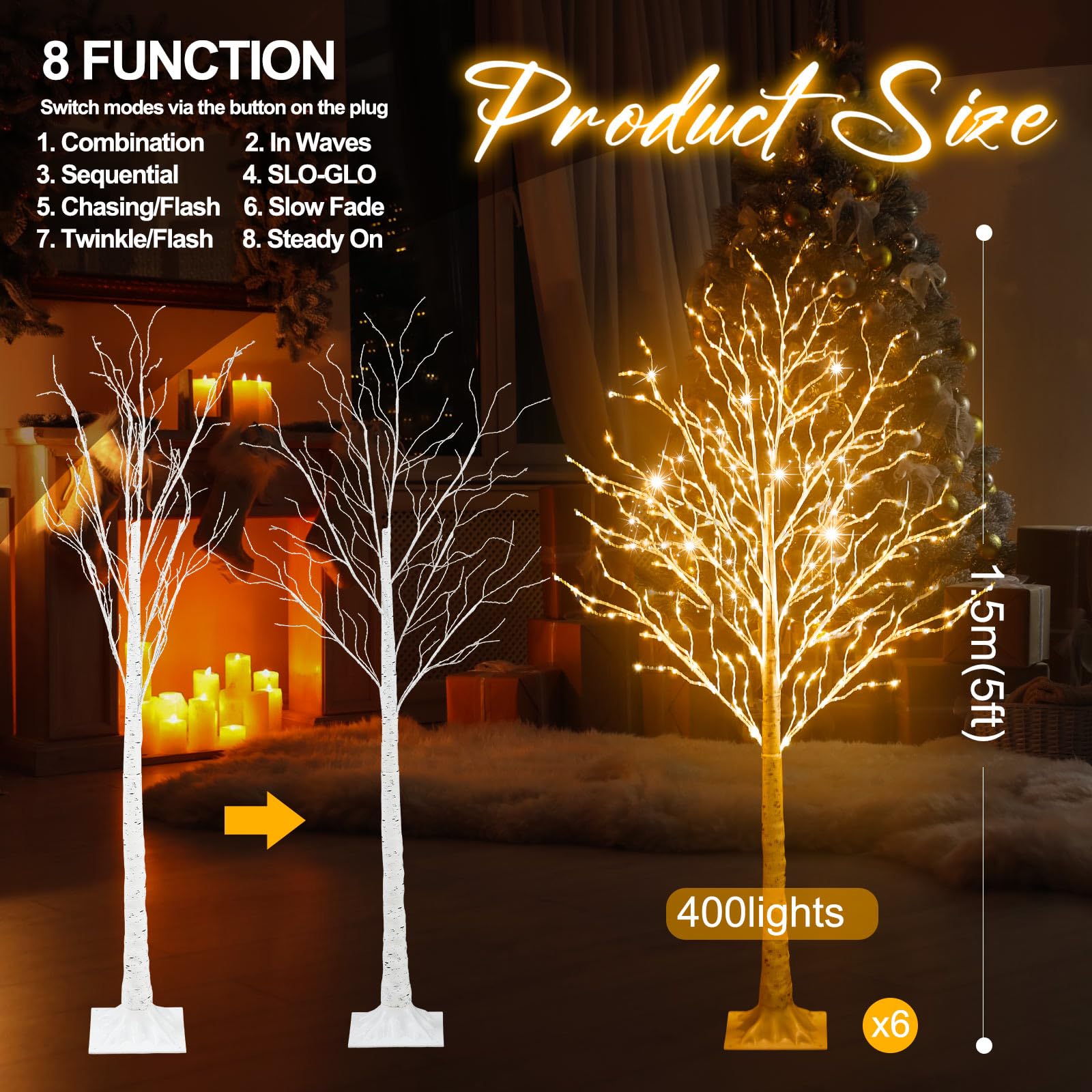 Aurelema 6 Pcs 5ft-400led Lighted Birch Tree 8 Modes Christmas Artificial LED Warm White Lights Birch Tree for Indoor and Outdoo