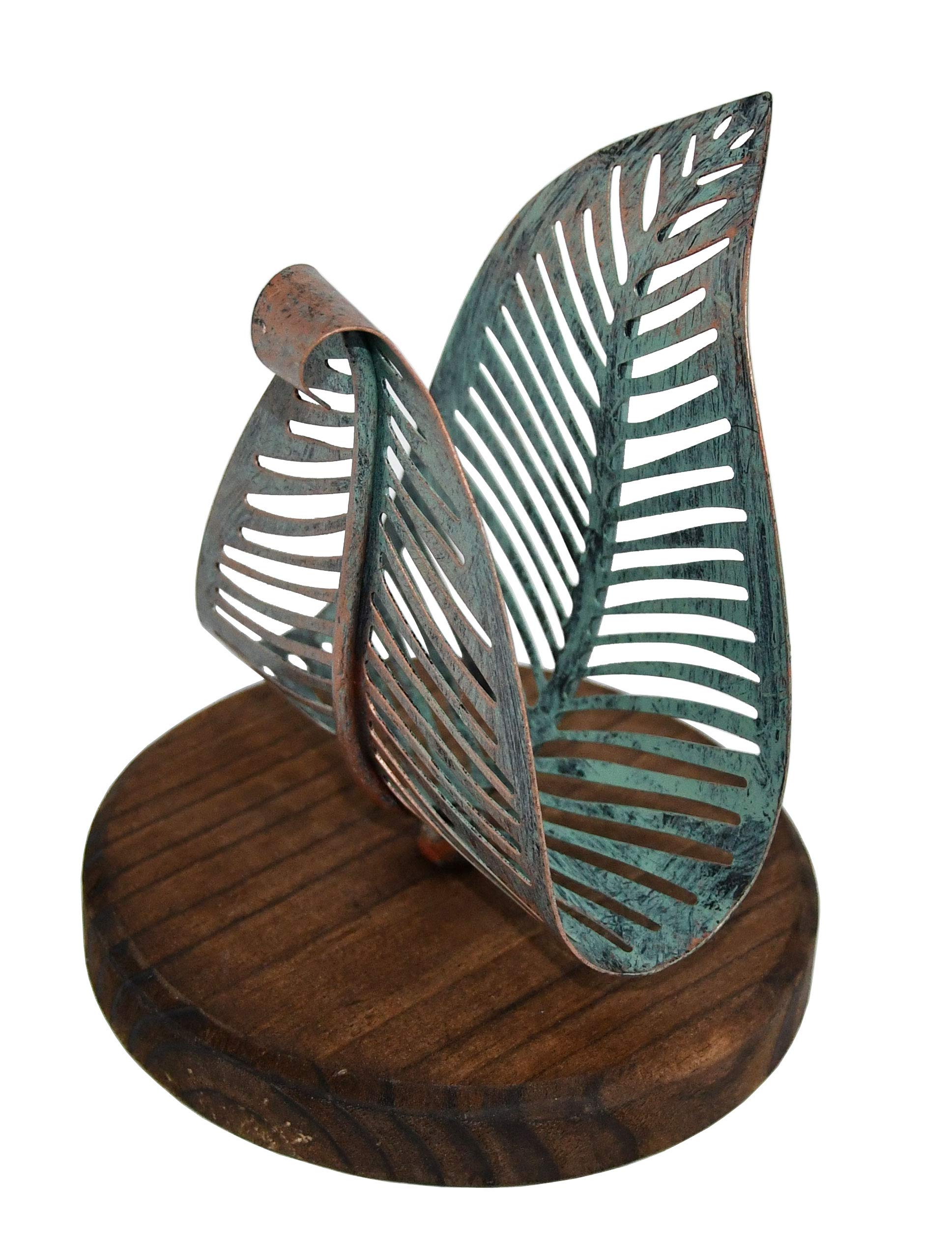 OwlGift Freestanding Modern Napkin Holder w/Golden Turquoise Metal Leaf & Brown Wooden Base Design  Tabletop Tissue Dispenser  Napkin Storage Organizer