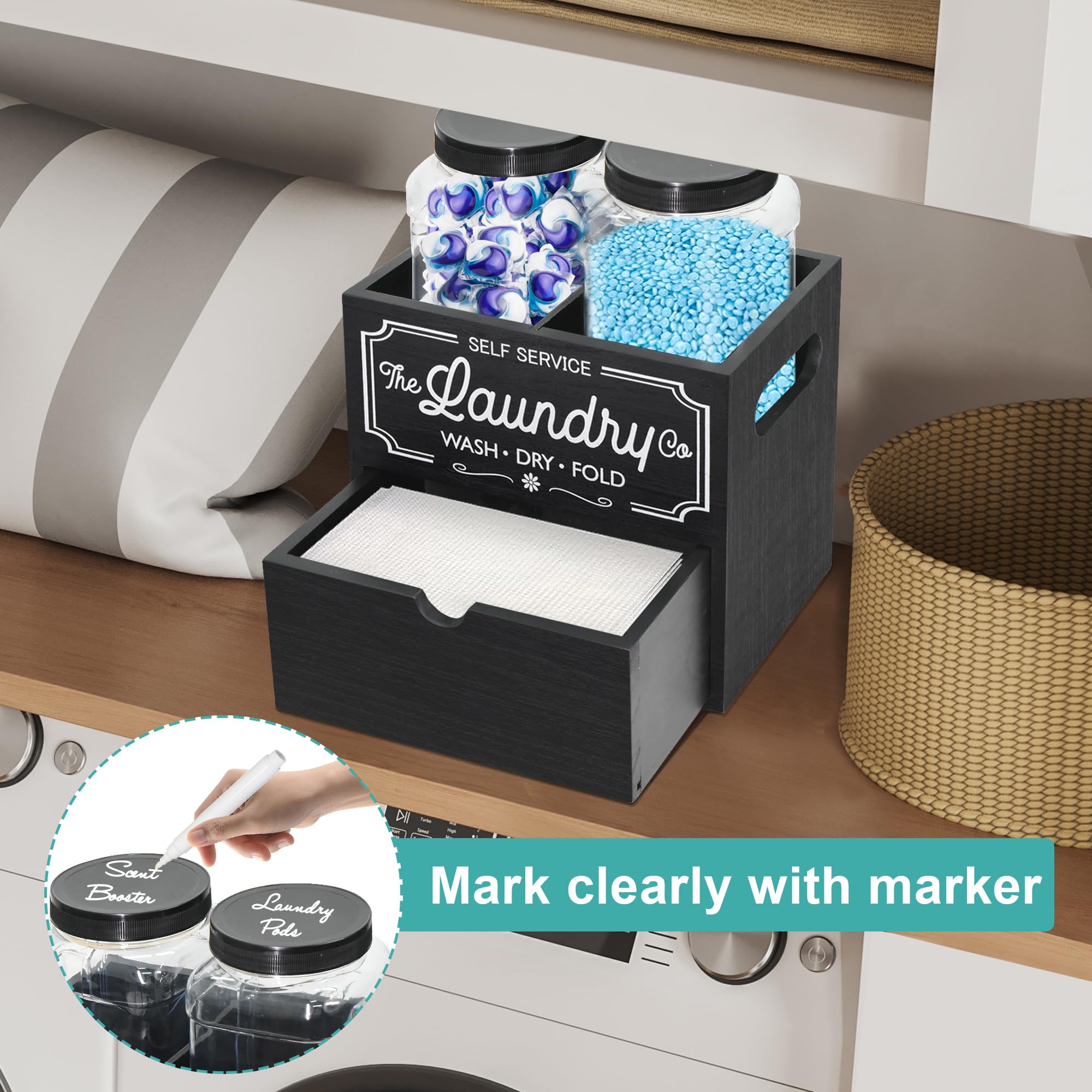 Dryer Sheet Container For Laundry Room Organization, Laundry Pods Container Include 2 Plastic Jars With Lids For Laundry Room St