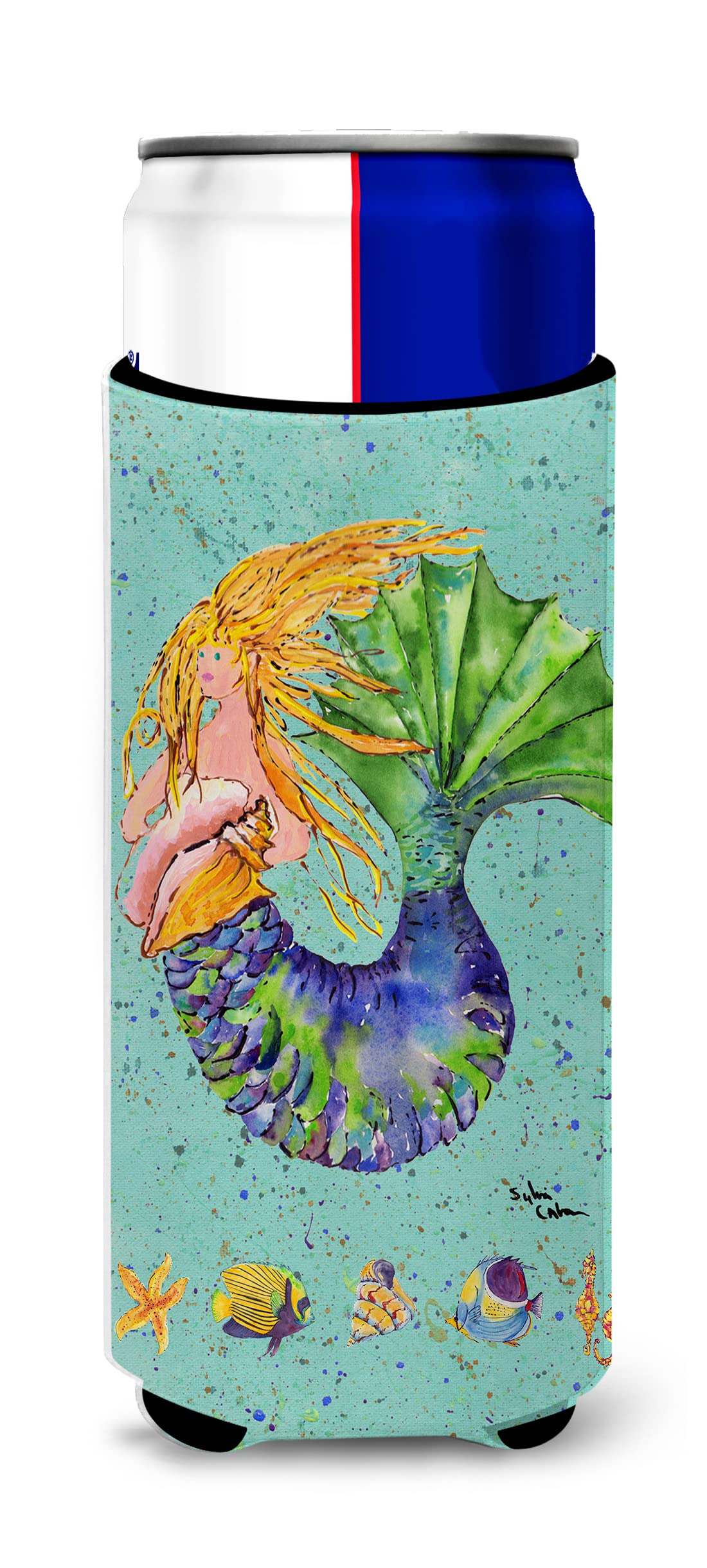 Blonde Mermaid on Teal Ultra Beverage Insulators for slim cans 8336MUK