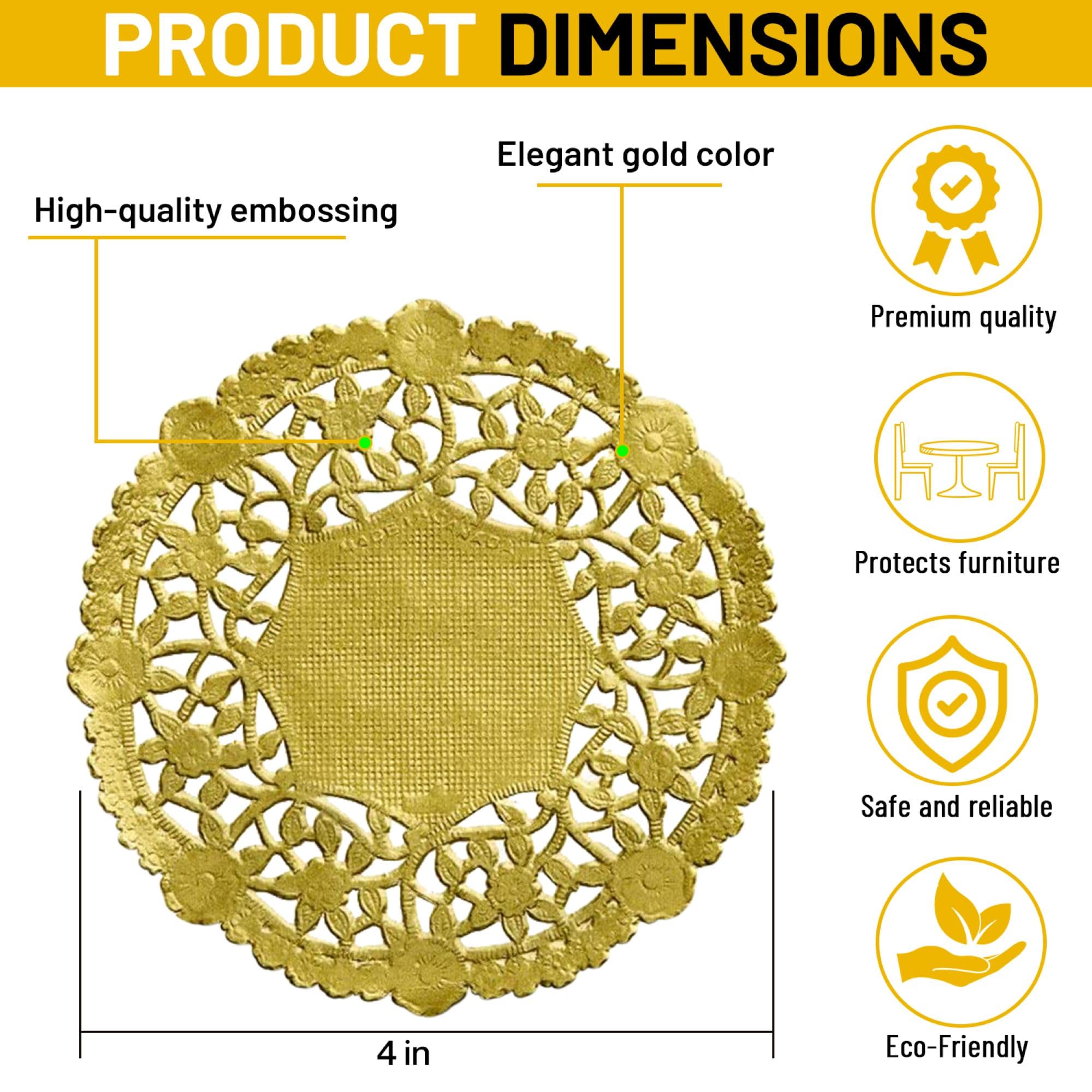 The Baker Celebrations Gold Foil 4 Inch Round Paper Lace Table Doilies - Made In Canada (Pack Of 100)