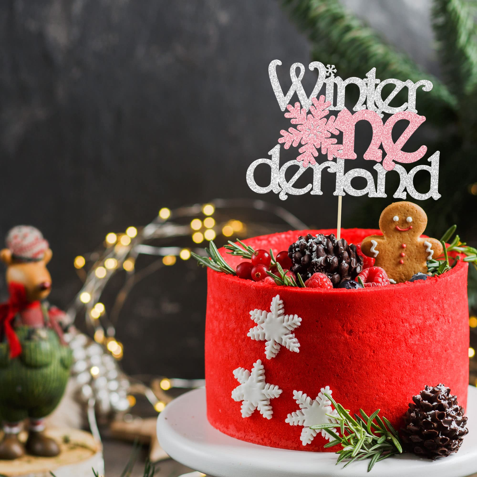 1Pc Winter Onederland Cake Topper Pink Glitter Snowflake One 1st Birthday Party Cake Pick Decorations for Winter Snowflake Theme Baby Shower Kids First Birthday Party Supplies