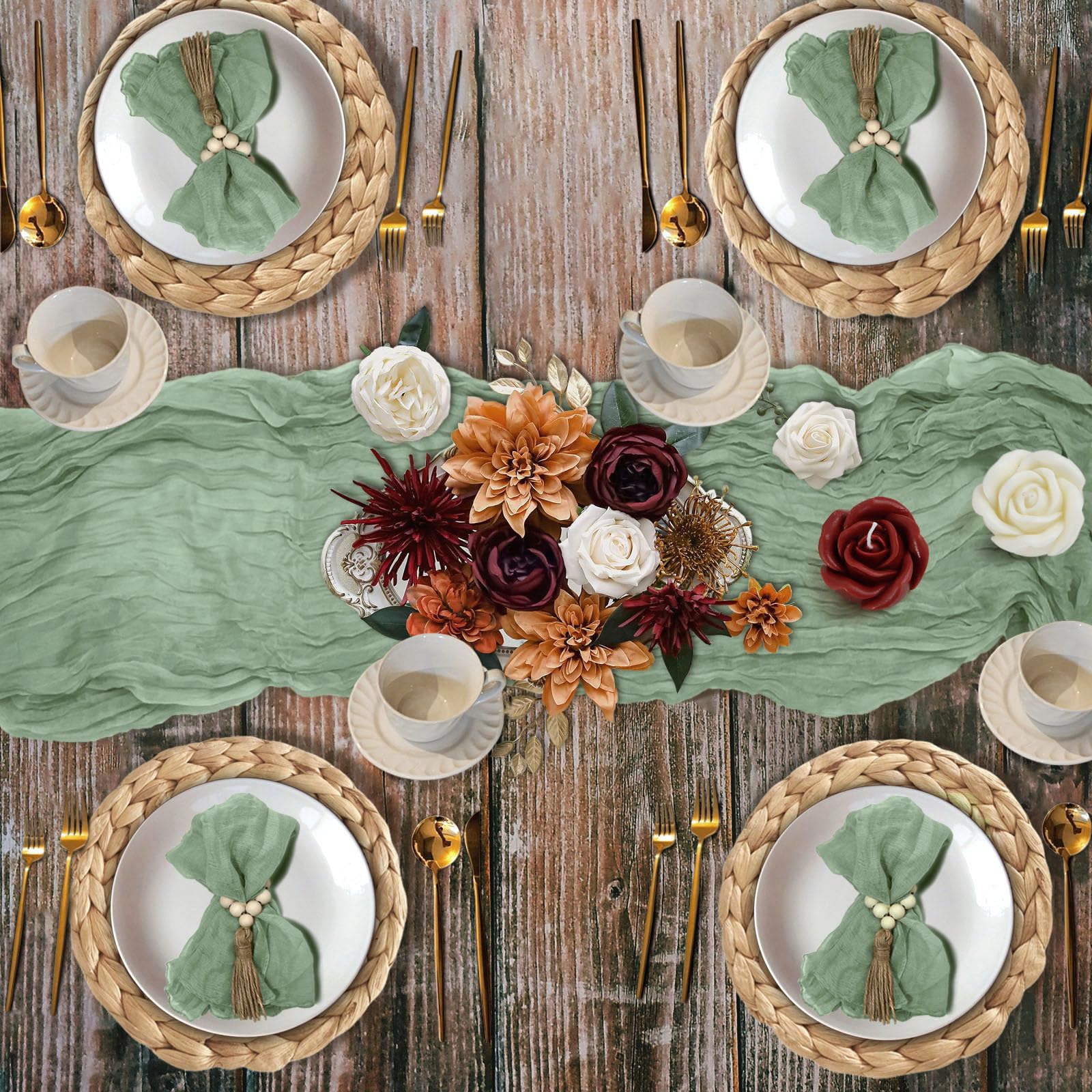 Fusenyuan Sage Green Cheesecloth Table Runner 10Ft +6 Napkins +6 Wood Bead Napkin Rings Rustic Gauze Sheer Table Runner Sets For