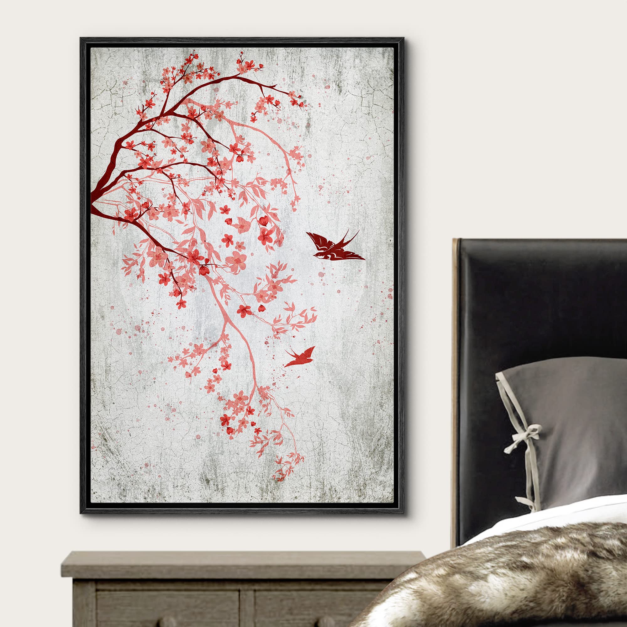 Wall26 Framed Canvas Print Wall Art Retro Style Cherry Blossom Tree Bird Nature Wilderness Illustrations Modern Art Decorative R