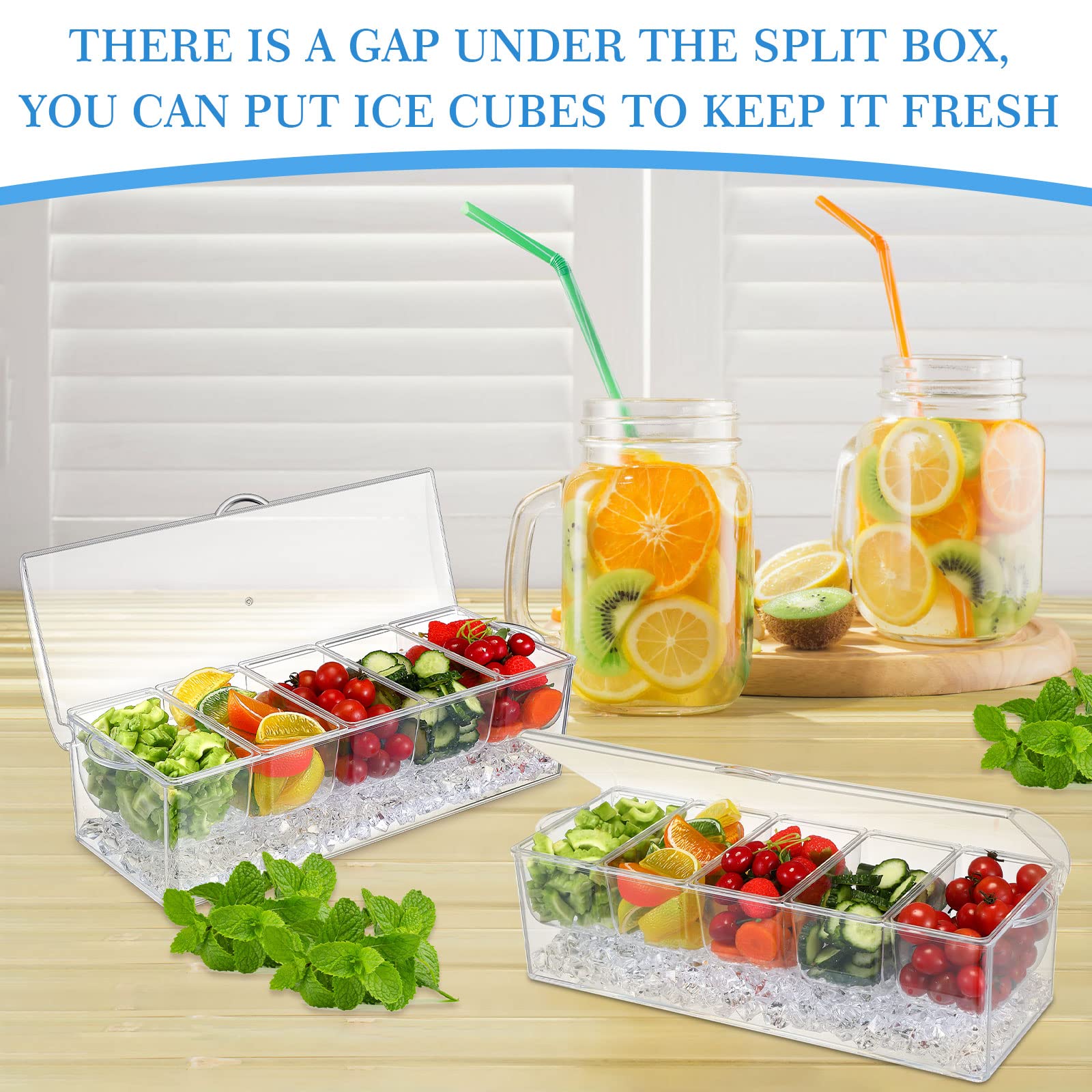 2 Pieces 5 Condiment Tray Server Ice Chilled Compartment Container Organizer With Hinged Lid Cooled Condiment Tray With Removabl