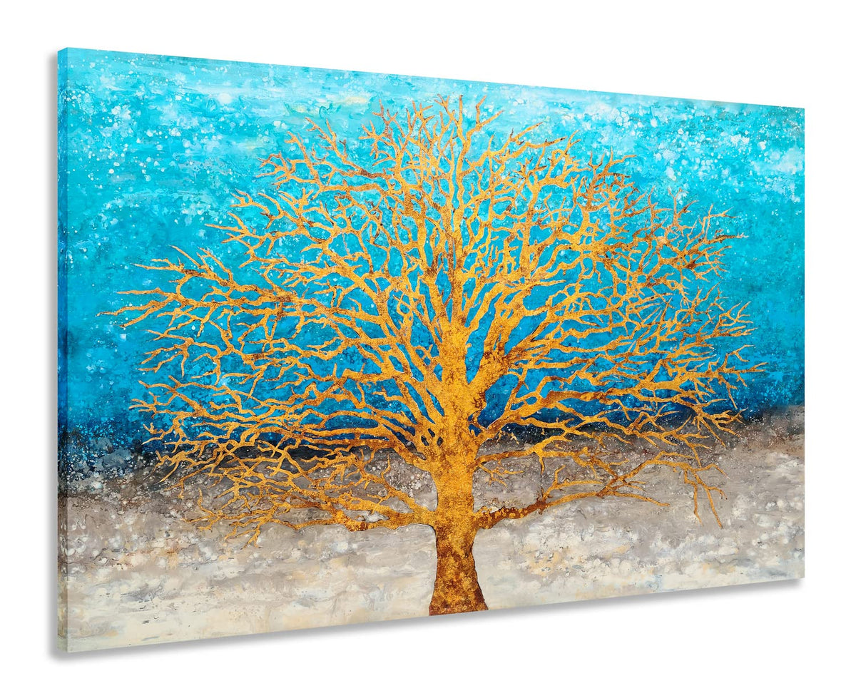 Yihui Arts Tree Canvas Wall Art - Blue And Gold Forest Paintings With Textured - Modern Landscape Pictures For Living Room Bedro